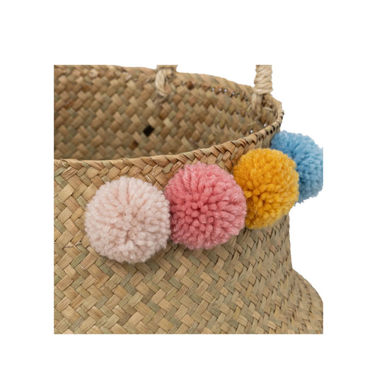 HKH Cesto Decorativo Infantil em Palha Pompons Coloridos