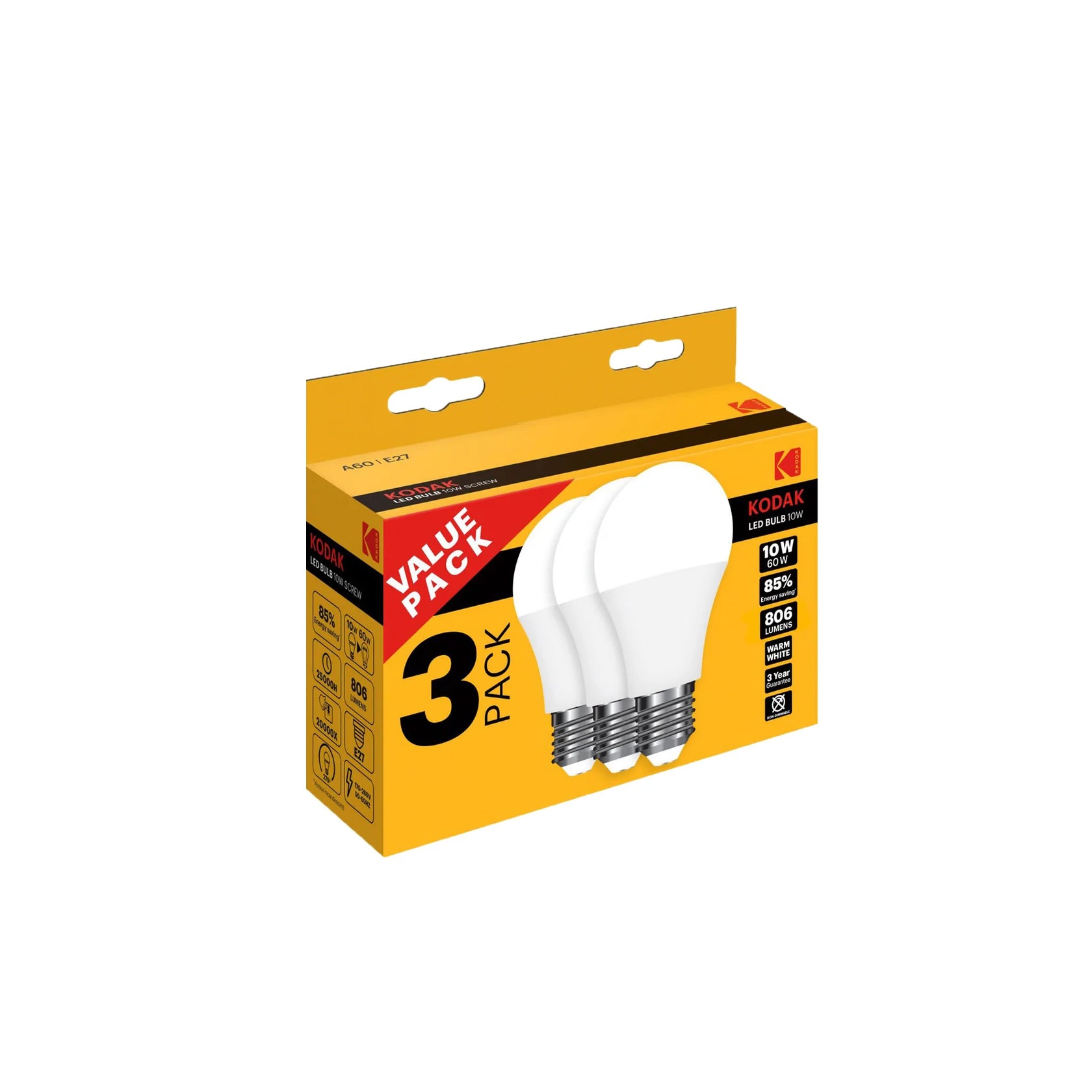 Kodak Pack Lâmpadas Led Esférica E27 Cor Branco Quente 10W 3 un