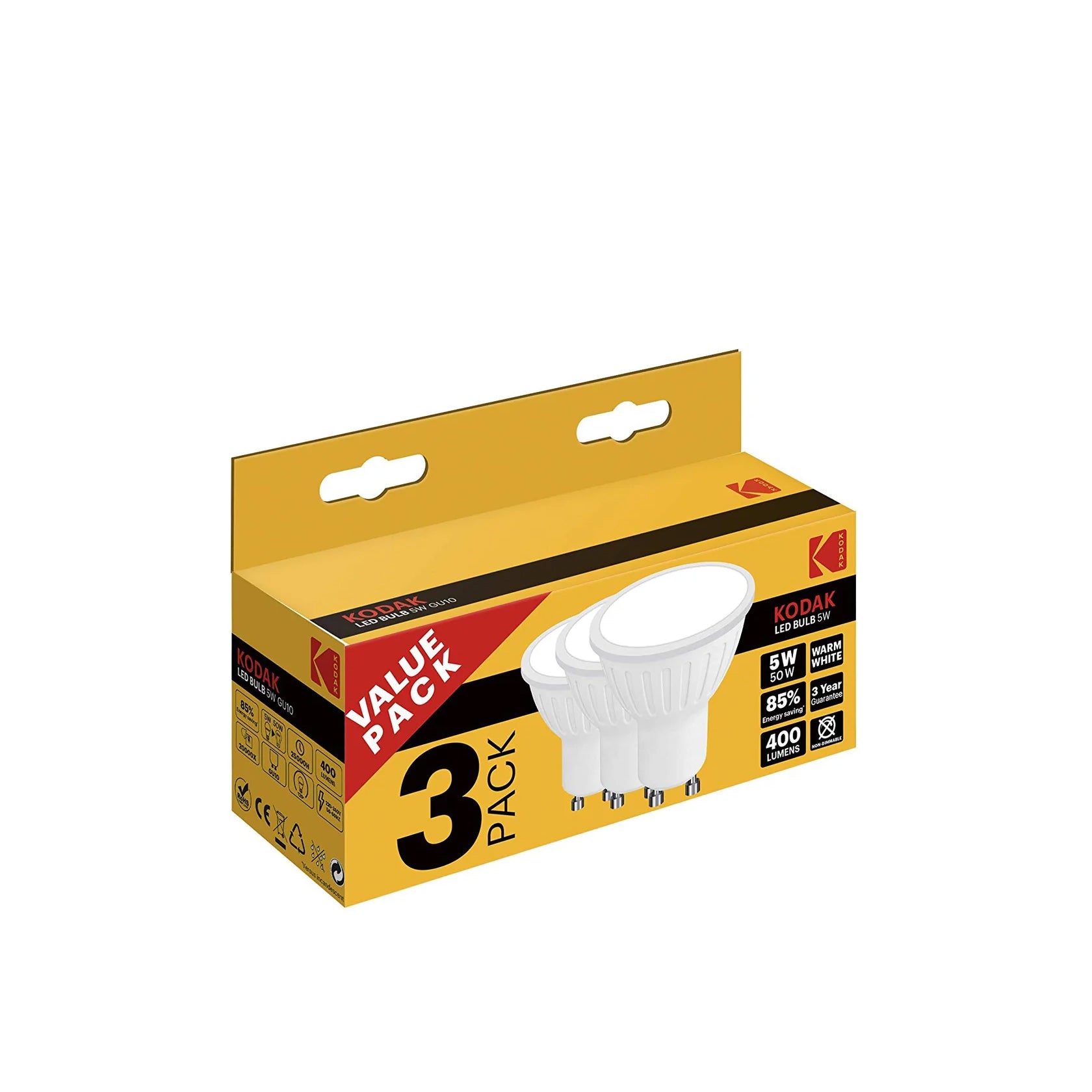 Kodak Pack Bombillas Led GU10 Blanco Cálido 5W 3 unidades