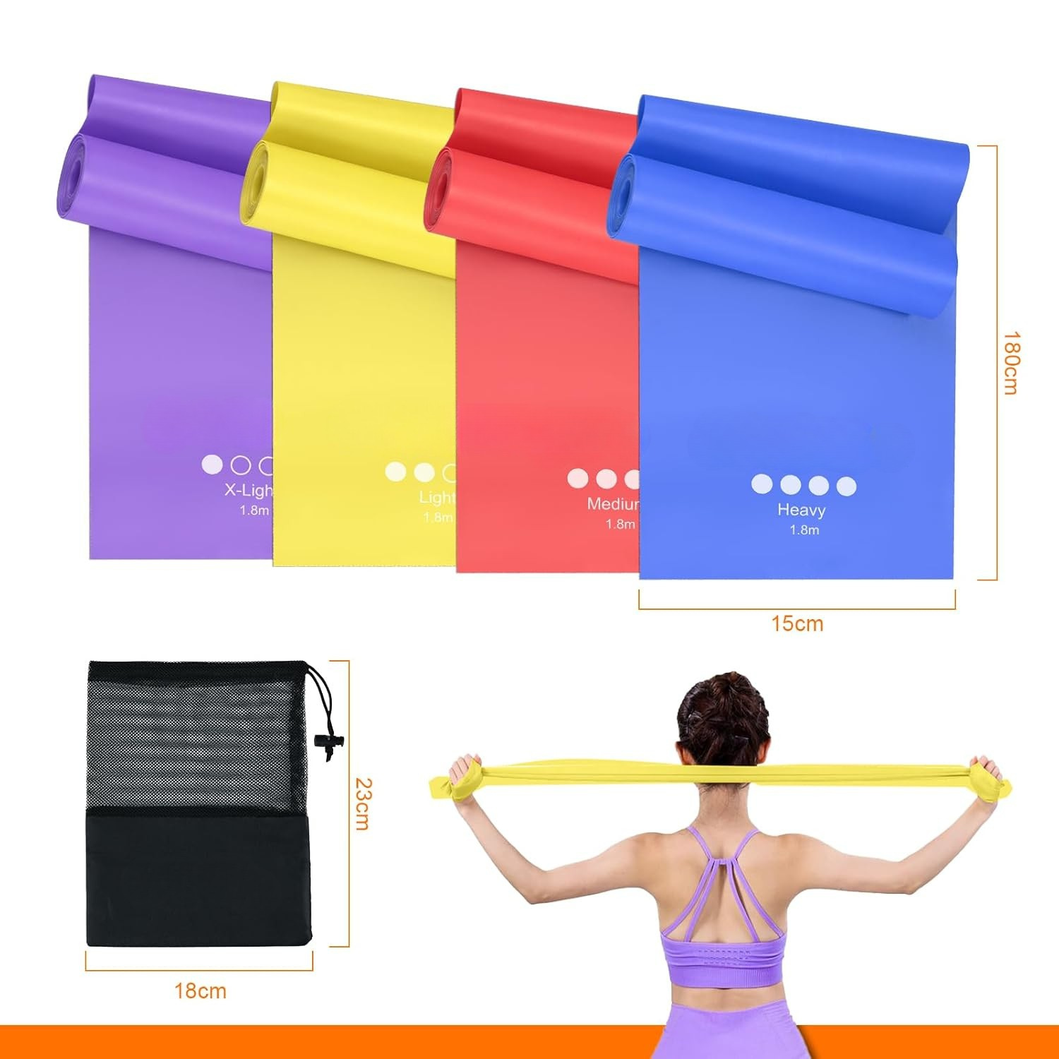 HKH Conjunto de 4 de Bandas Elásticas para Fitness 1,8M para Treinar Força, Yoga, Pilates