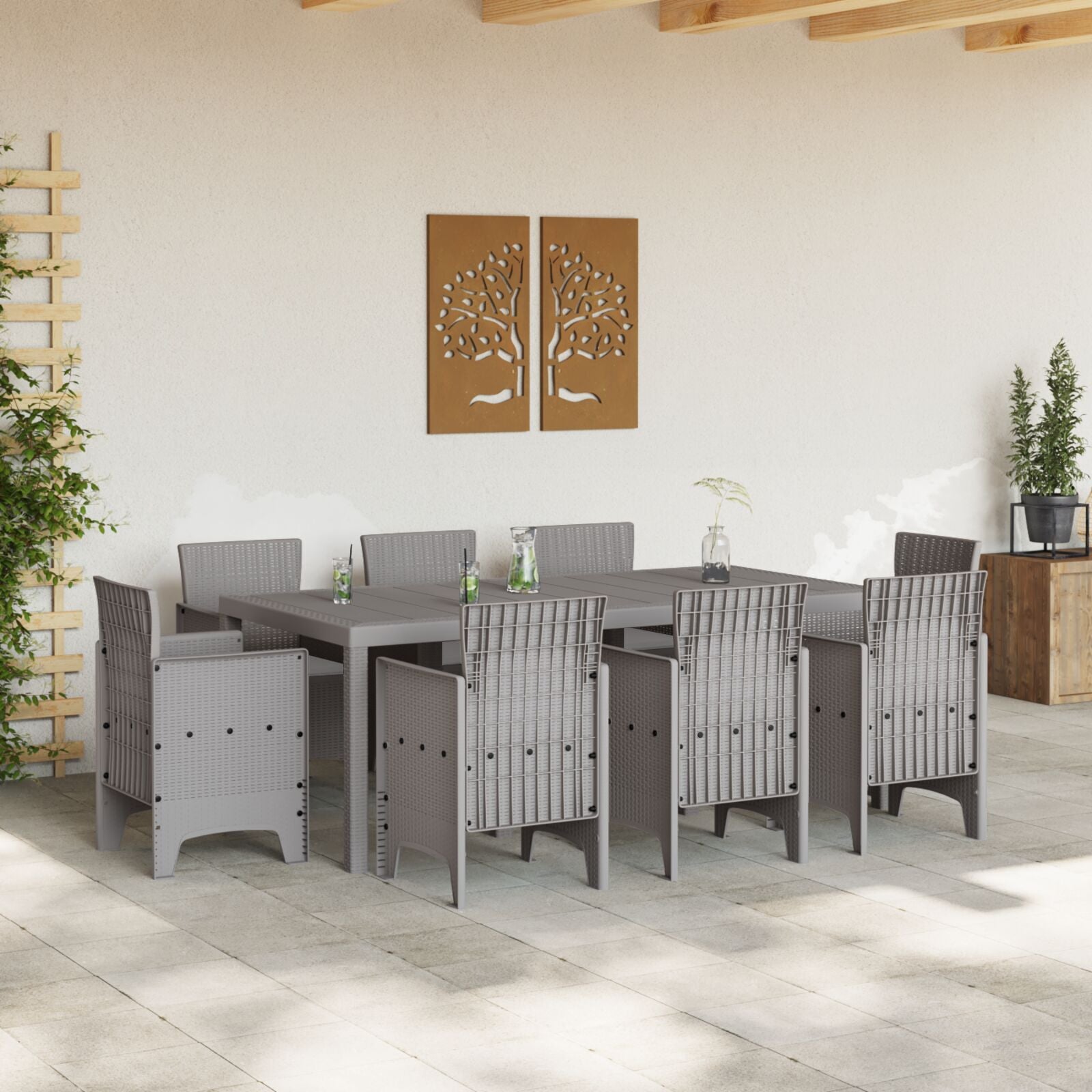 HKH Conjunto de Jantar de 9 Peças com Almofadas em Rattan Sintético Cinza Claro - Cinzento