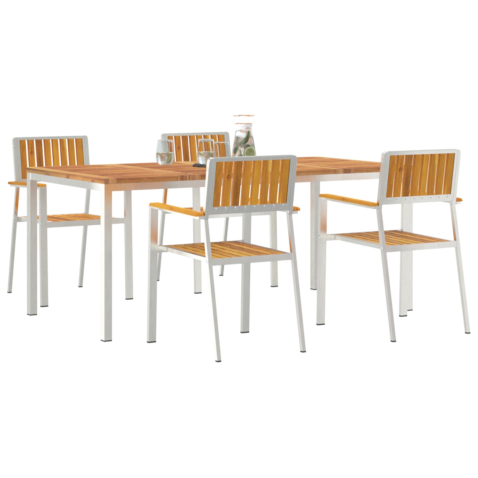 HKH Conjunto de Jantar de Jardim em Madeira Sólida de Acácia de 5 Peças, HKH Mesa de Jantar Ao Ar Livre 180x90x75 Cm em Madeira Sólida de Acácia, HKH Cadeiras de Jardim Empilháveis 4 Pcs em Madeira Sólida de Acácia e Metal - Castanho