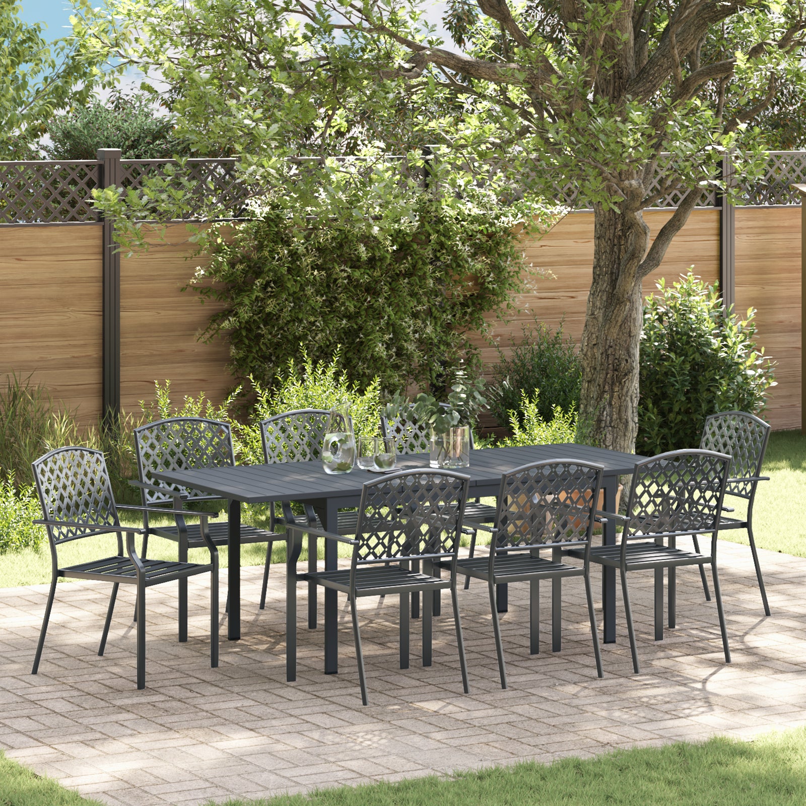 Conjunto de Mobiliário de Corredor HKH 9 Peças Aço Antracite, Mesa de Jardim Extensível HKH Antracite (140-210)x90x73 Cm Aço, Cadeiras de Jardim 4 Pcs Empilháveis Antracite Aço - Cinzento