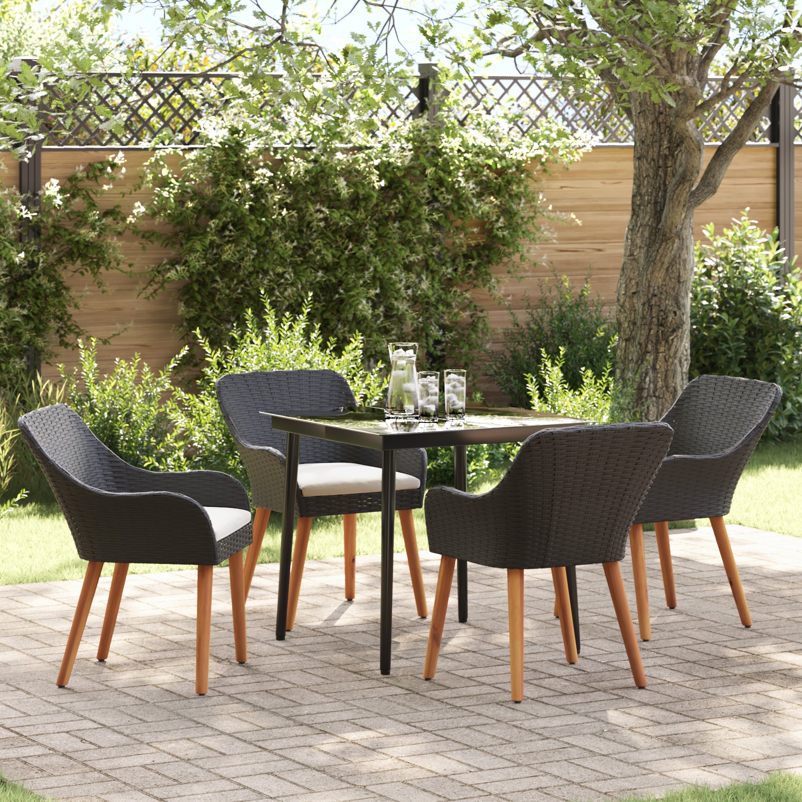Conjunto de Comedor de Jardín HKH de 5 Piezas en Ratán Poliéster - Negro