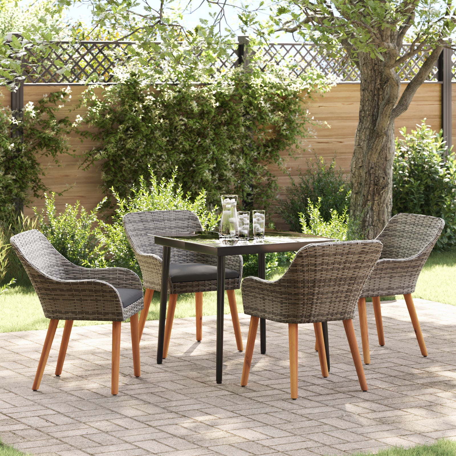 HKH Conjunto de Comedor de Jardín de 5 Piezas Gris Poliéster Ratán - Gris
