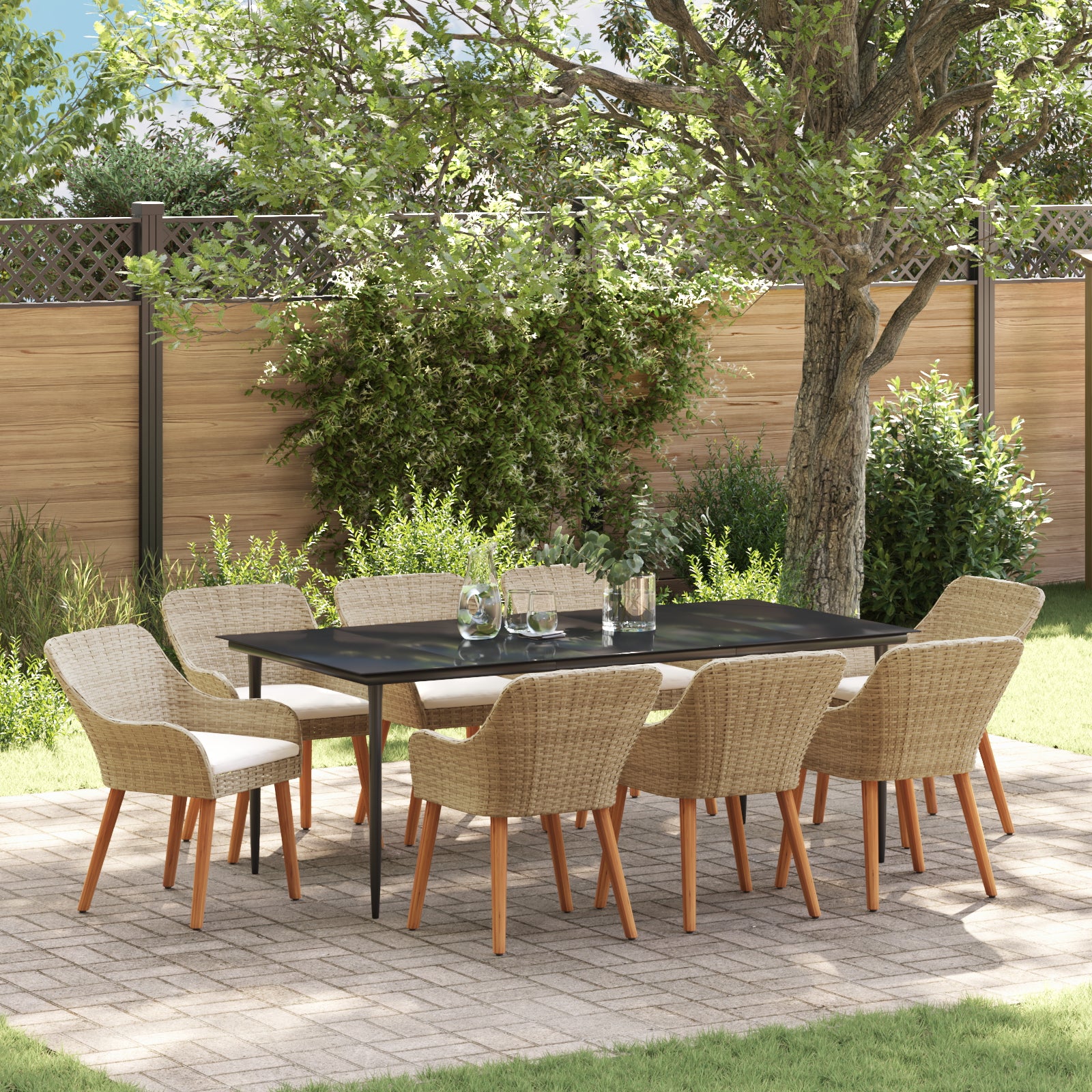 HKH Conjunto de Jantar de Jardim de 9 Peças Rattan Poliéster - Bege