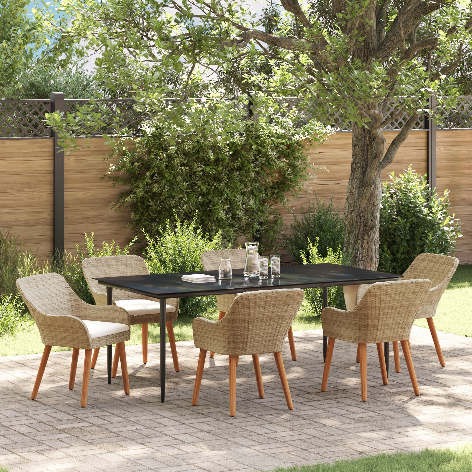 HKH Conjunto de Jantar para Jardim de 7 Peças em Rattan Poliéster - Bege
