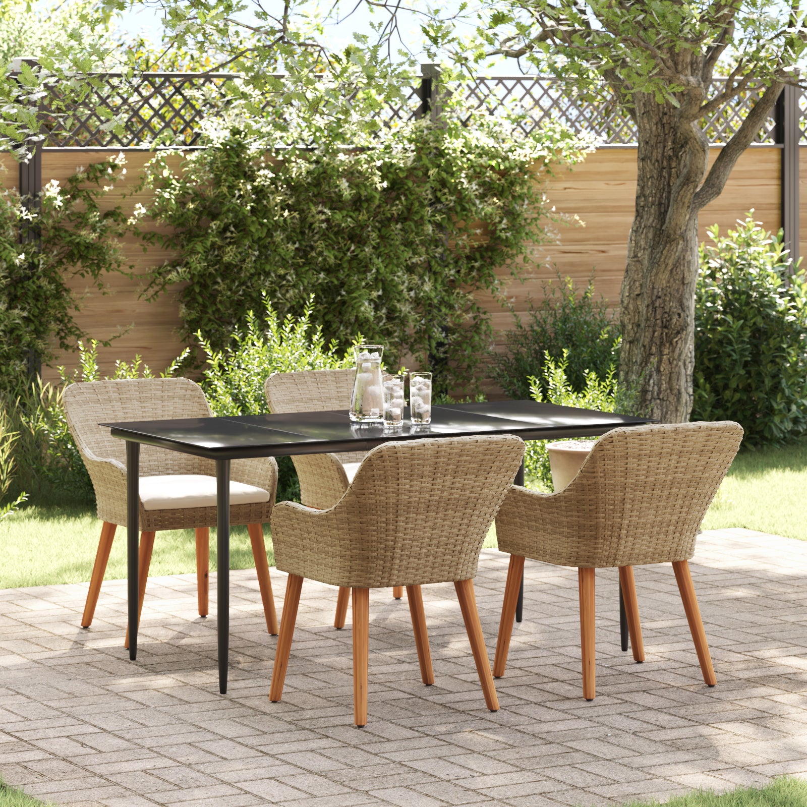 HKH Conjunto de Comedor para Jardín 5 Piezas Ratán Poliéster - Beige