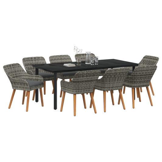 HKH Conjunto de Jantar de Jardim 9 Peças Cinza Rattan Poliéster - Cinzento