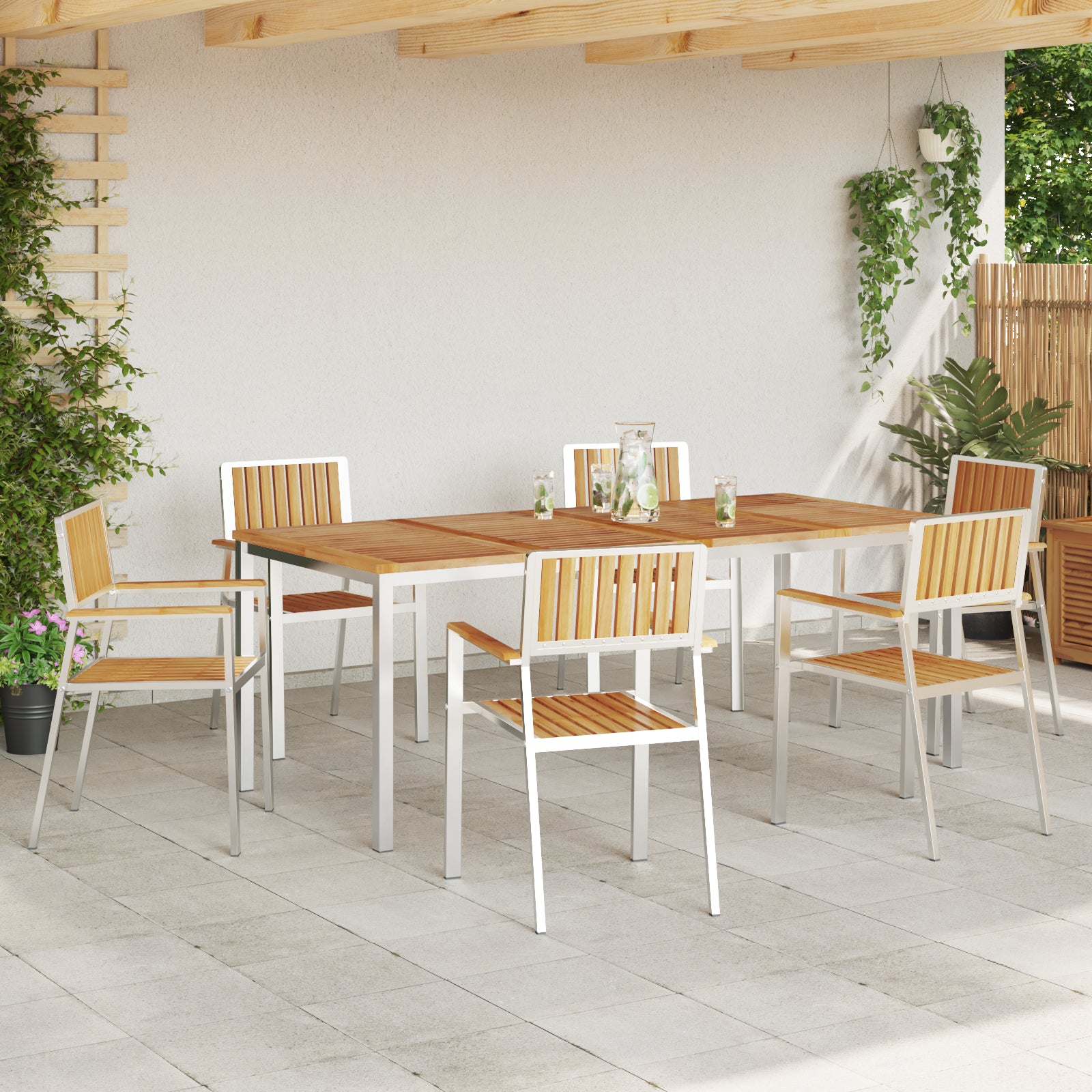 HKH Conjunto de Jantar de Jardim de 7 Peças + Mesa de Jantar200x90x74.5 Cm + 2 Cadeiras Empilháveis + 4 Cadeiras Empilháveis - Castanho