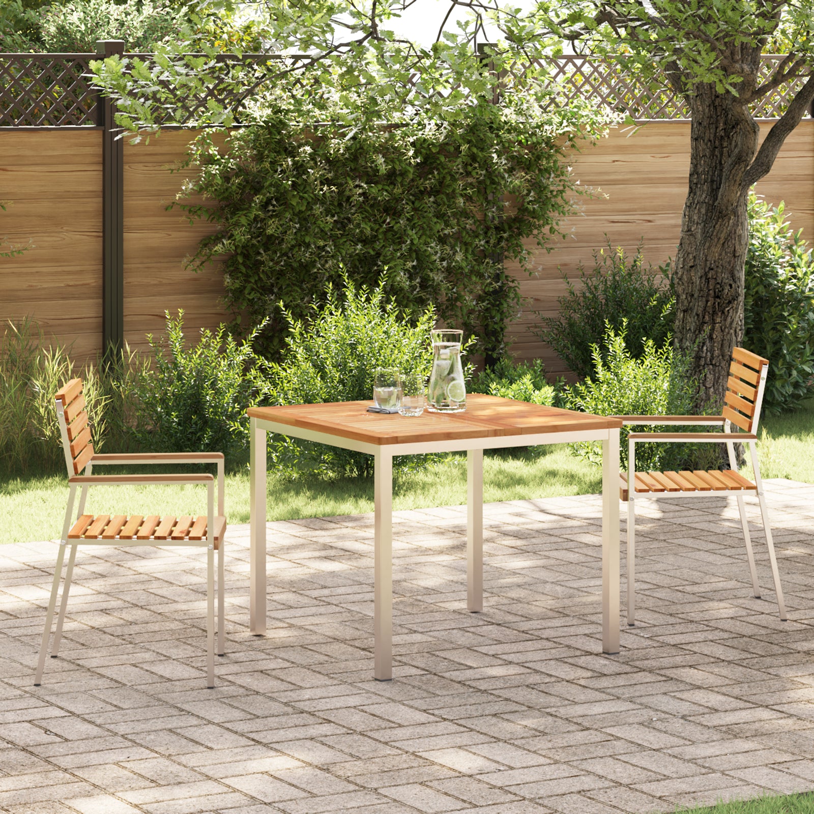 Conjunto de Jantar de 3 Peças HKH Madeira de Teca Maciça, Mesa de Jantar Ao Ar Livre HKH 90x90x74.5 Cm Madeira de Teca Maciça, Cadeiras de Jardim Empilháveis HKH 2 Pcs Madeira de Teca Maciça e Aço - Castanho