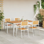 Conjunto de Jantar de Jardim HKH de 5 Peças em Madeira Sólida de Teca, Mesa de Jantar Externa HKH 150x90x75 Cm em Madeira Sólida de Teca, Cadeiras de Jardim Empilháveis HKH 4 Pcs em Madeira Sólida de Teca e Metal - Bege