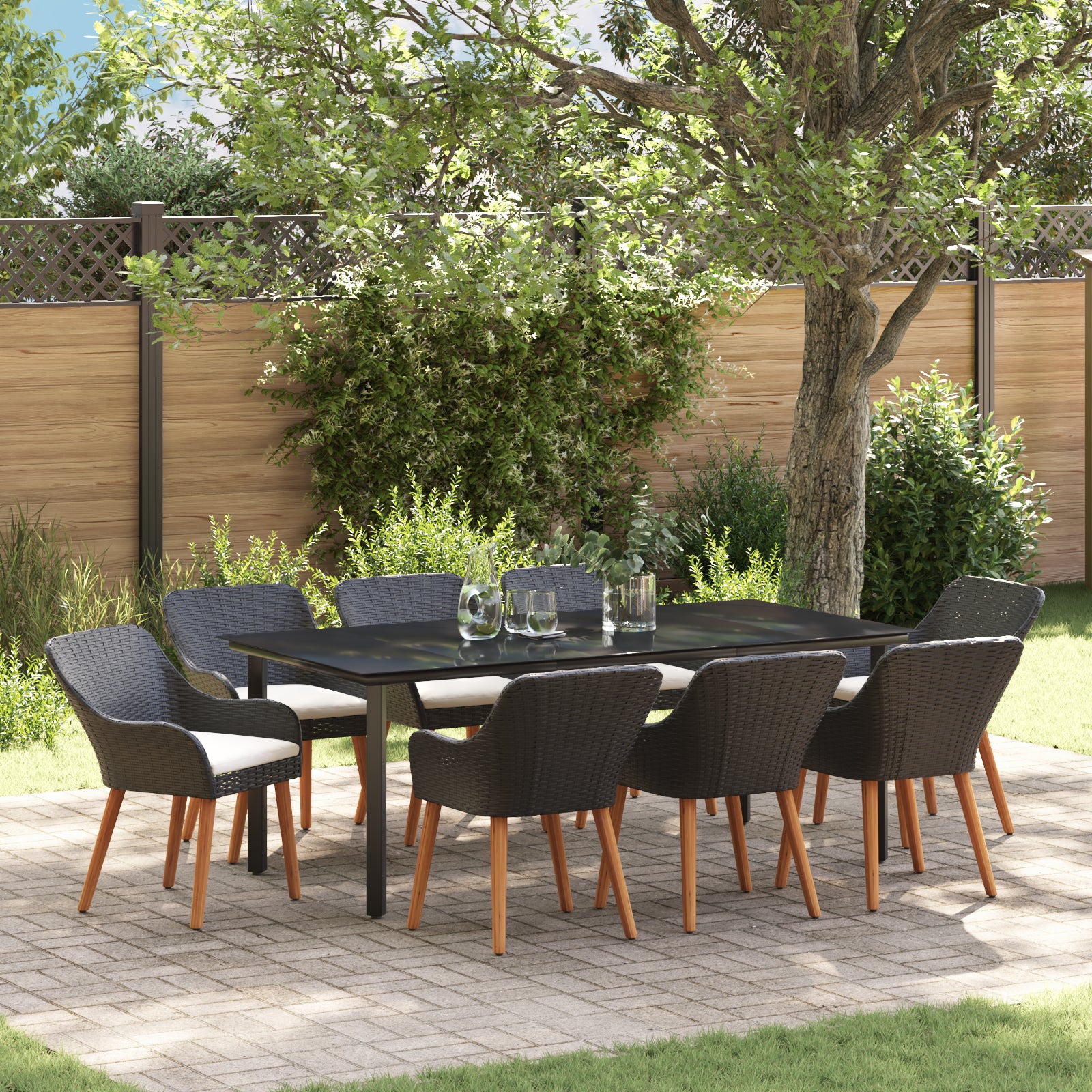 HKH Conjunto de Comedor para Jardín de 9 Piezas de Mimbre - Negro