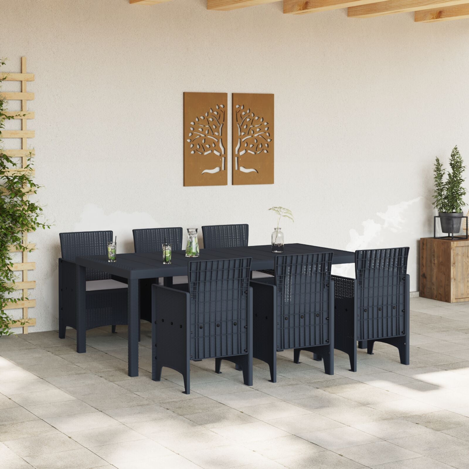 HKH Conjunto de Jantar para Jardim de 7 Peças com Almofadas Cinza Escuro Rattan - Carvão
