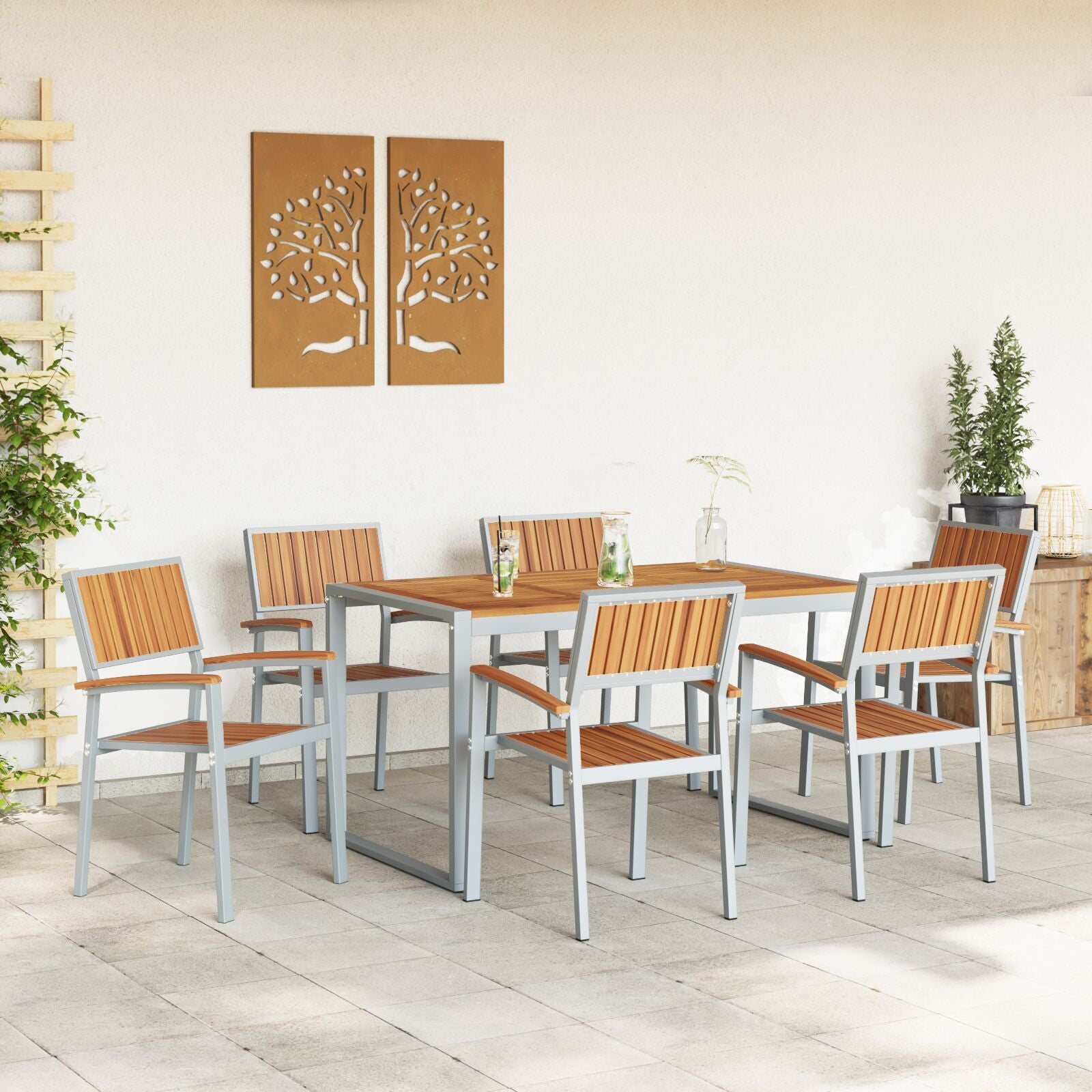 HKH Juego de Comedor de Jardín de 7 Piezas de Madera Maciza de Acacia y Metal - Gris