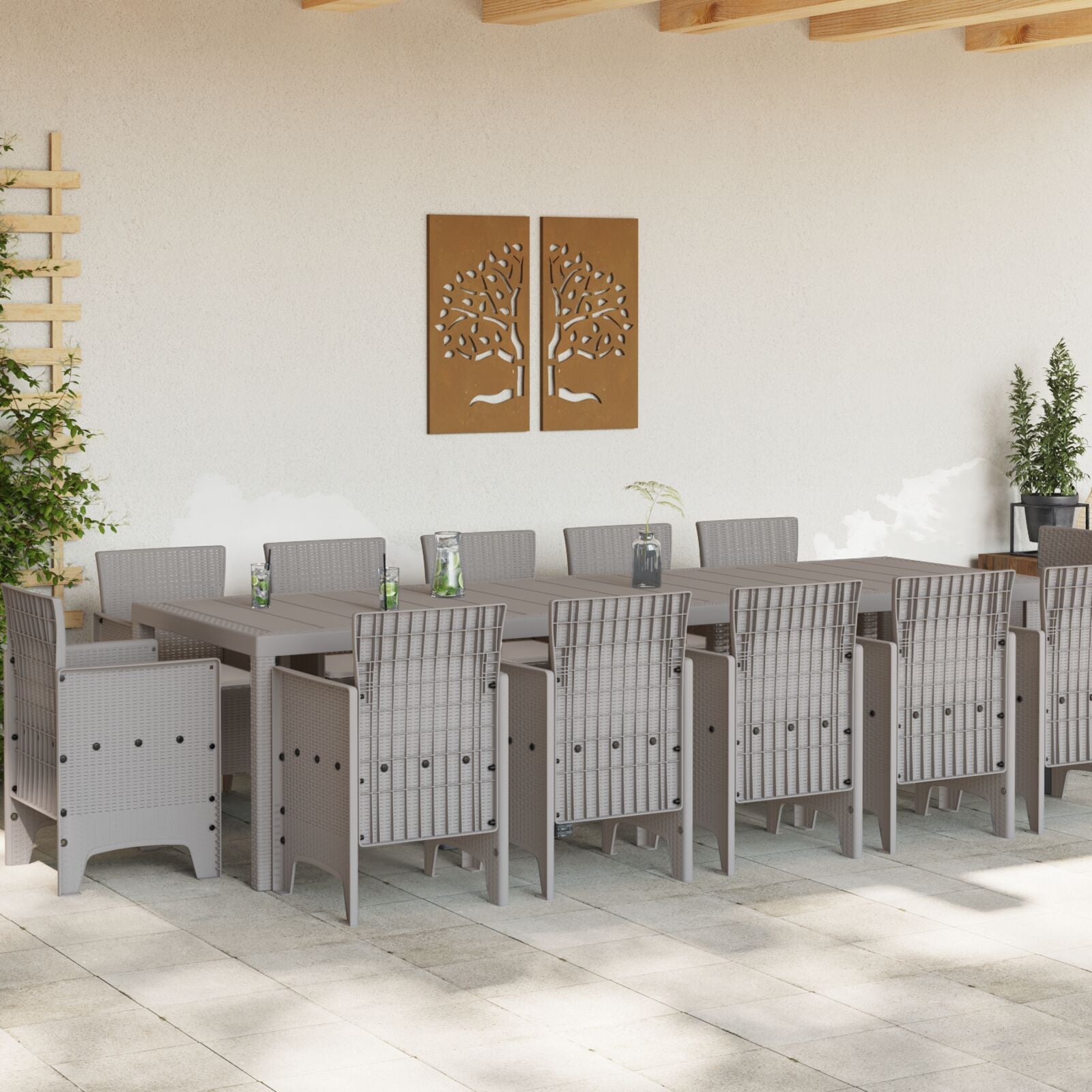 Conjunto de Jantar de Jardim de 13 Peças com Almofadas Cinza Claro Polirattan, Mesa de Jardim Cinza Claro 150x100x73 Cm Polirattan, Cadeiras de Jardim com Almofadas 4 Pcs Cinza Claro Polirattan - Cinzento-claro