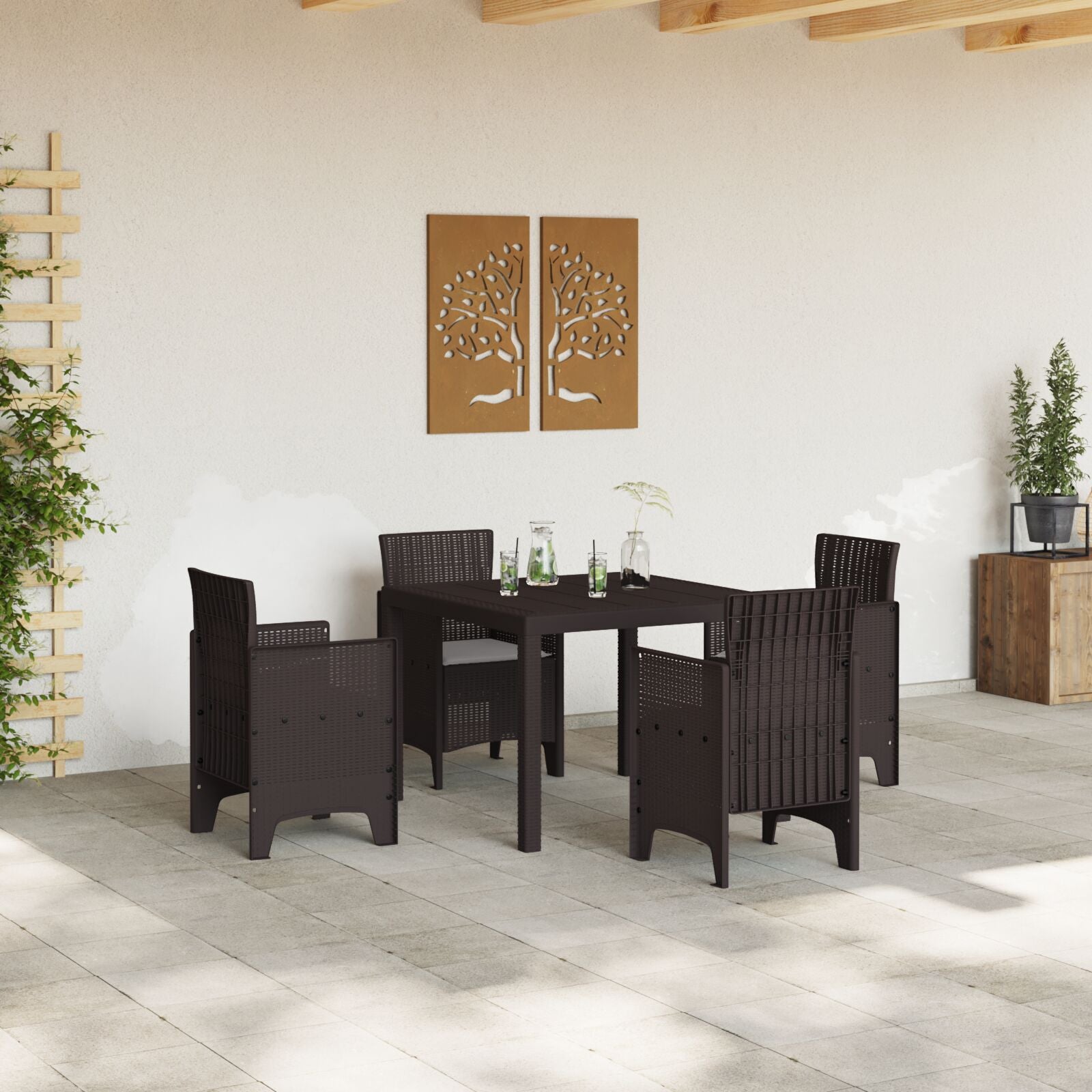 HKH Conjunto de Jantar de 5 Peças com Almofadas em Rattan Sintético - Castanho