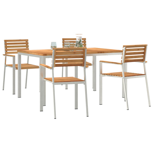 Conjunto de Jantar de Jardim HKH de 5 Peças Madeira Sólida de Teca, Mesa de Jantar Ao Ar Livre HKH 150x90x75 Cm Madeira Sólida de Teca, Cadeiras de Jardim Empilháveis HKH 4 Pcs Madeira Sólida de Teca e Aço - Castanho