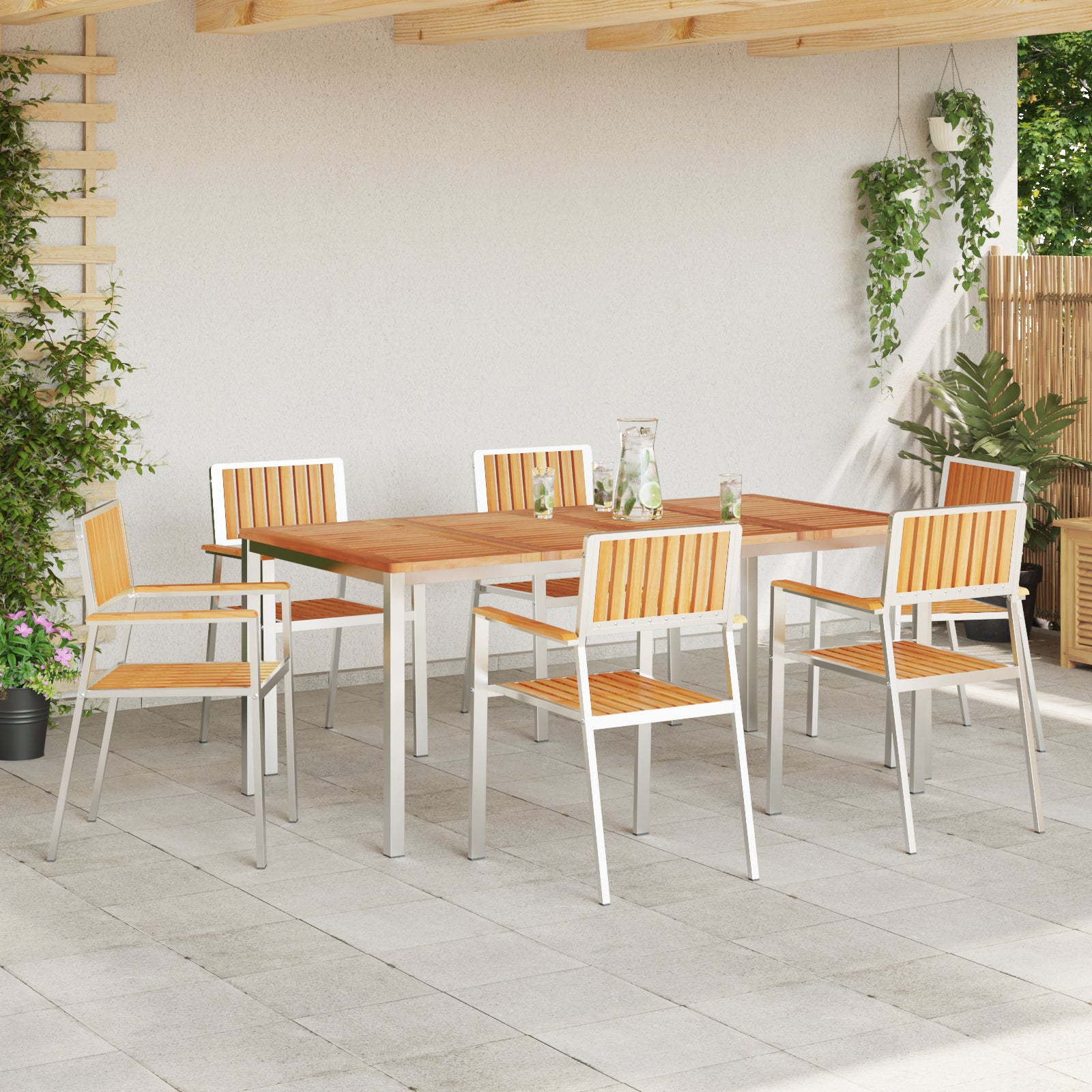 HKH Juego de Comedor de Jardín de 7 Piezas de Madera de Teca Maciza con Mesa de Comedor de 180x90x75 Cm + 2 Sillas Apilables + 4 Sillas Apilables - Beige