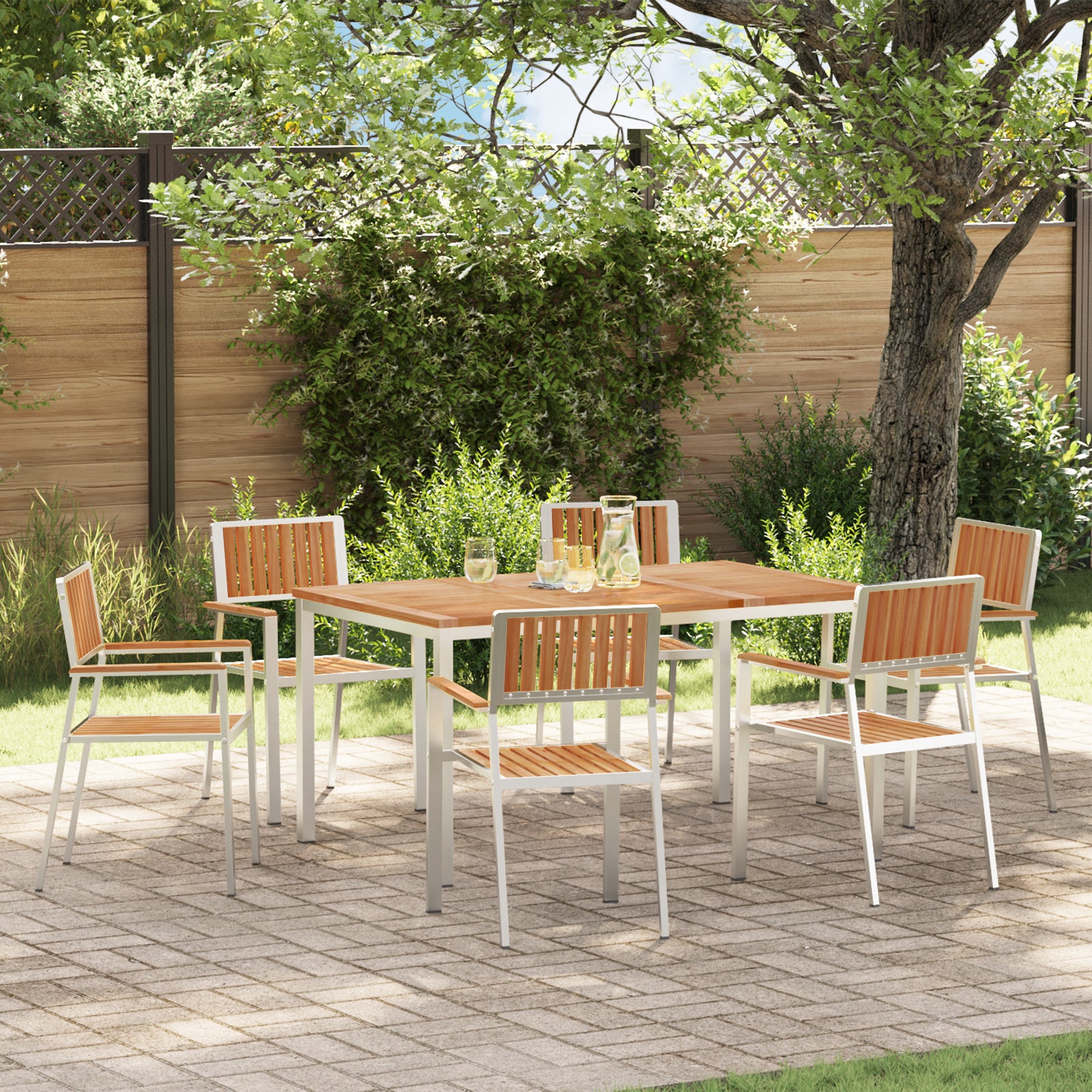 HKH Conjunto de Jantar de Jardim de 7 Peças em Madeira de Teca Maciça com Mesa de Jantar 150x90x75 Cm + 2 Cadeiras Empilháveis + 4 Cadeiras Empilháveis - Castanho
