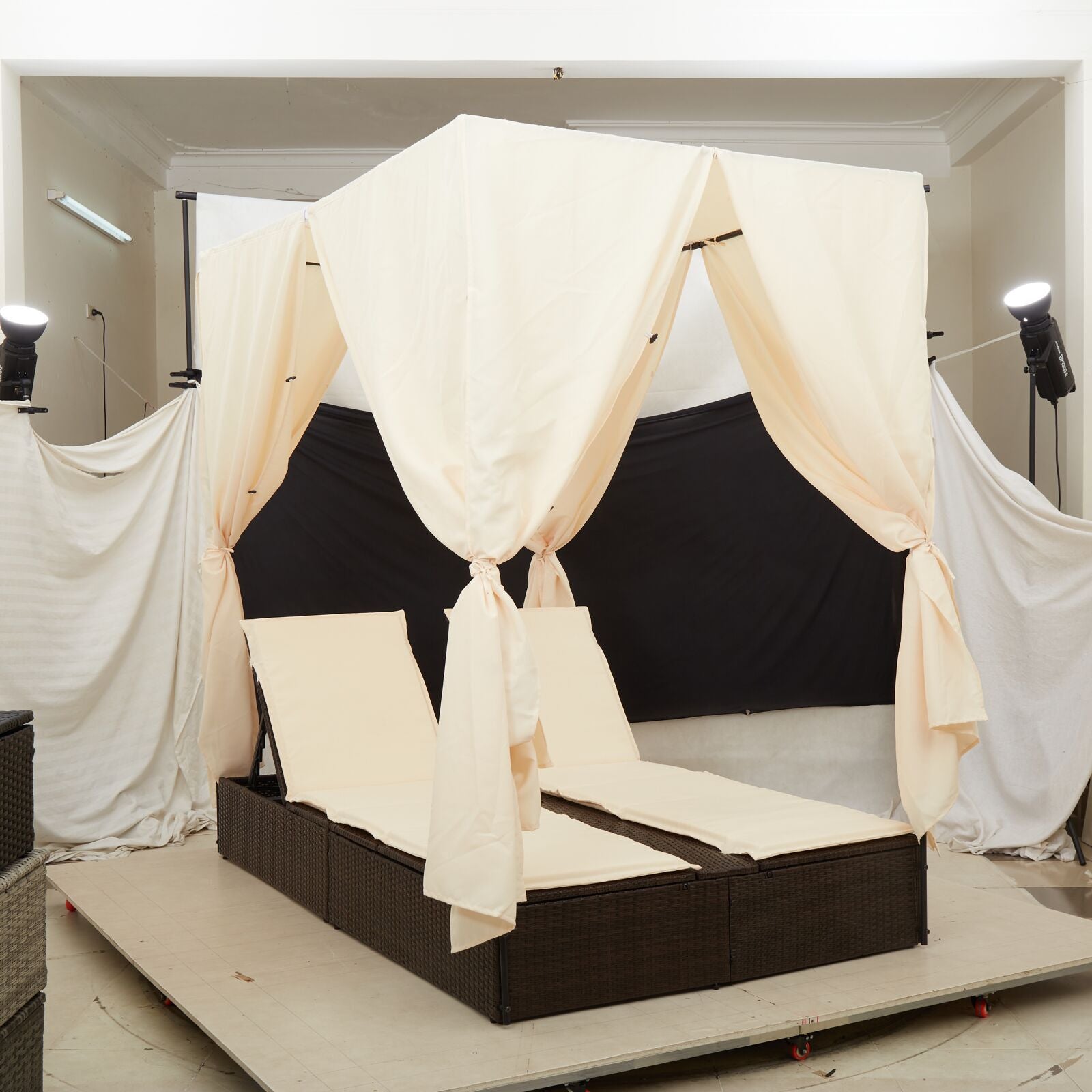 HKH Tumbona doble con techo y cortinas de ratán sintético - Marrón