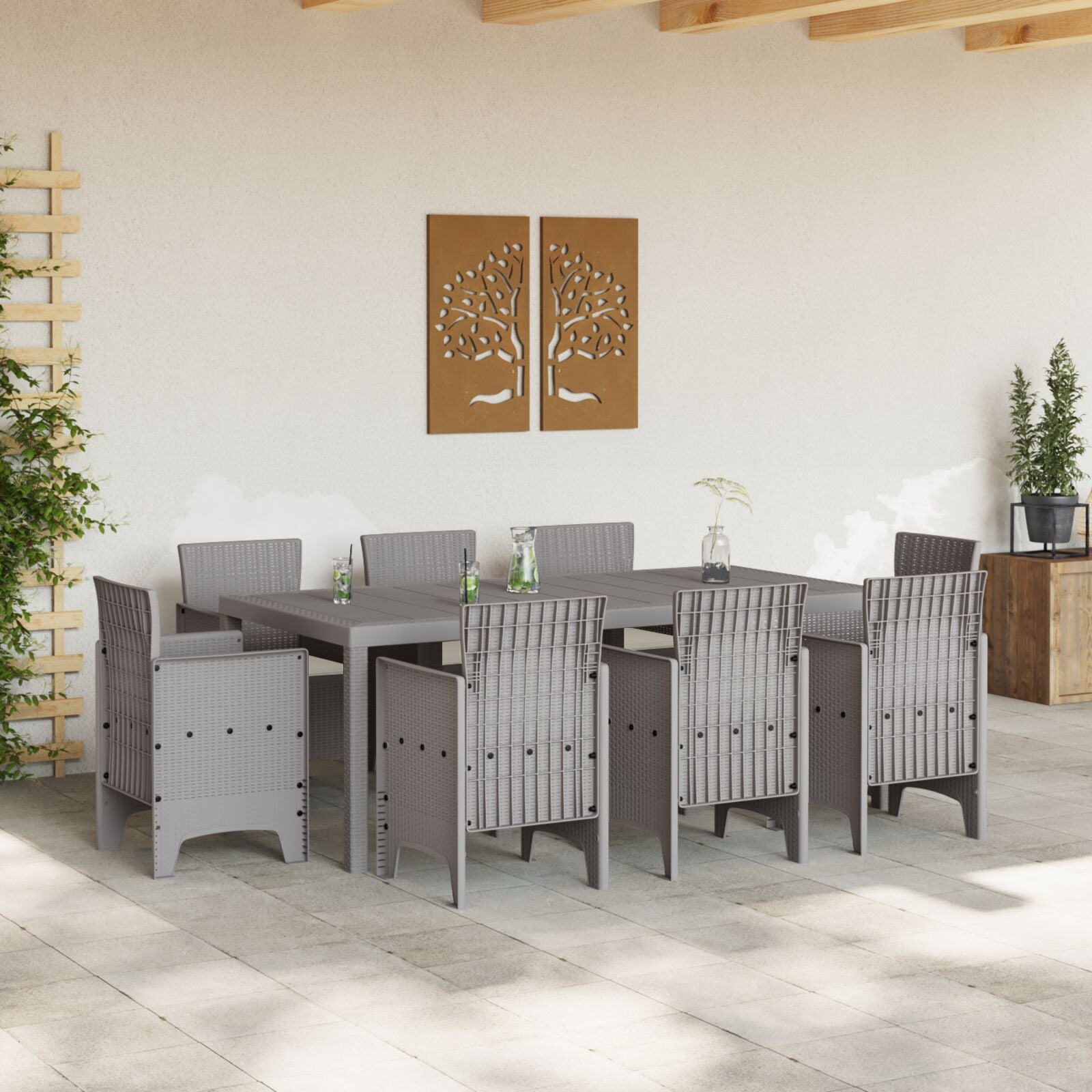 HKH Conjunto de Jantar de 9 Peças com Almofadas Cinza Claro Rattan Sintético - Cinzento
