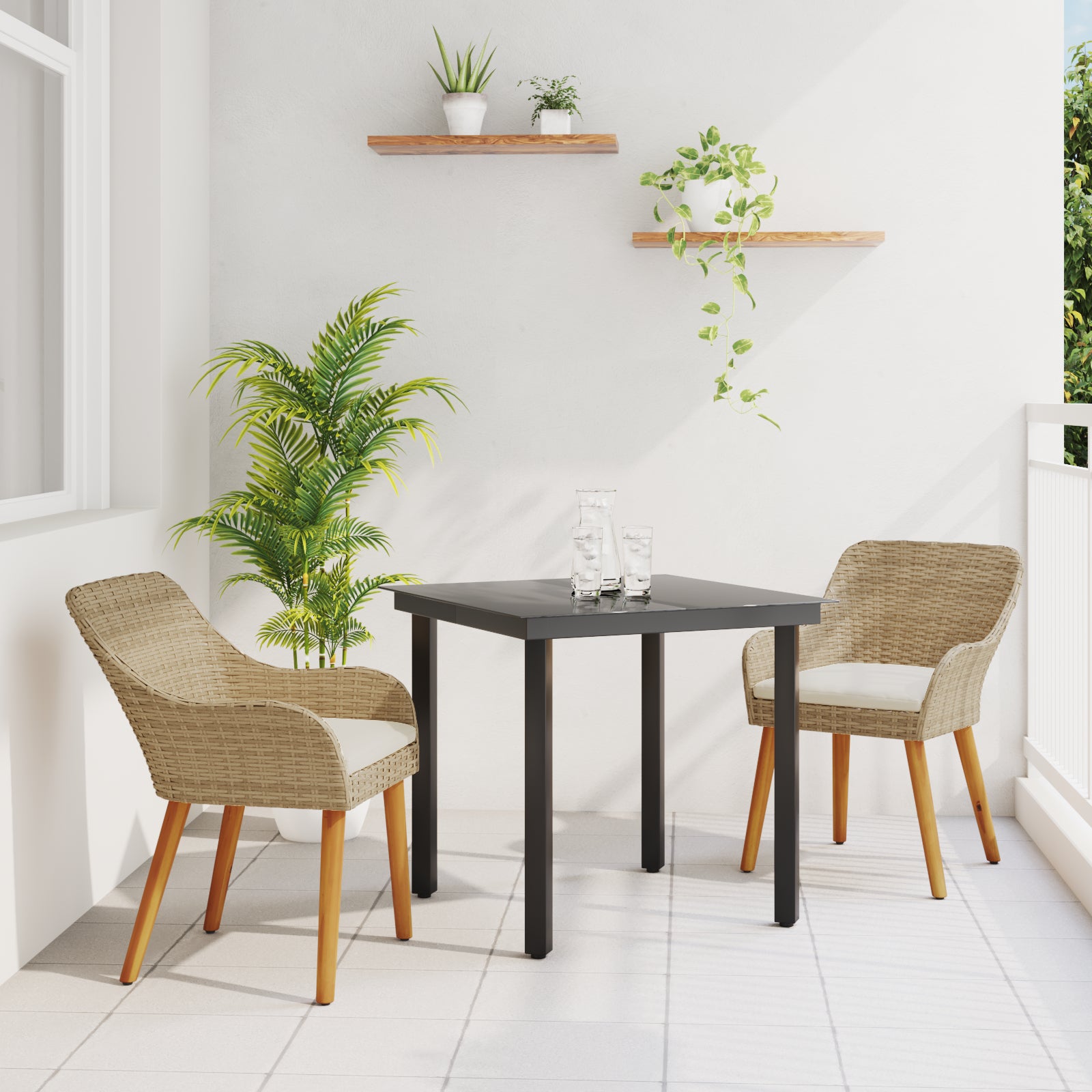 HKH Juego de Comedor de Jardín de 3 Piezas en Ratán Poliéster - Beige