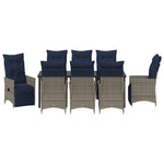 Conjunto de Jantar de Jardim HKH 9 Peças com Almofadas Rattan Poliéster Cinza, Mesa de Jardim HKH Preta 200x80x73 Cm Vidro Temperado - Azul-marinho