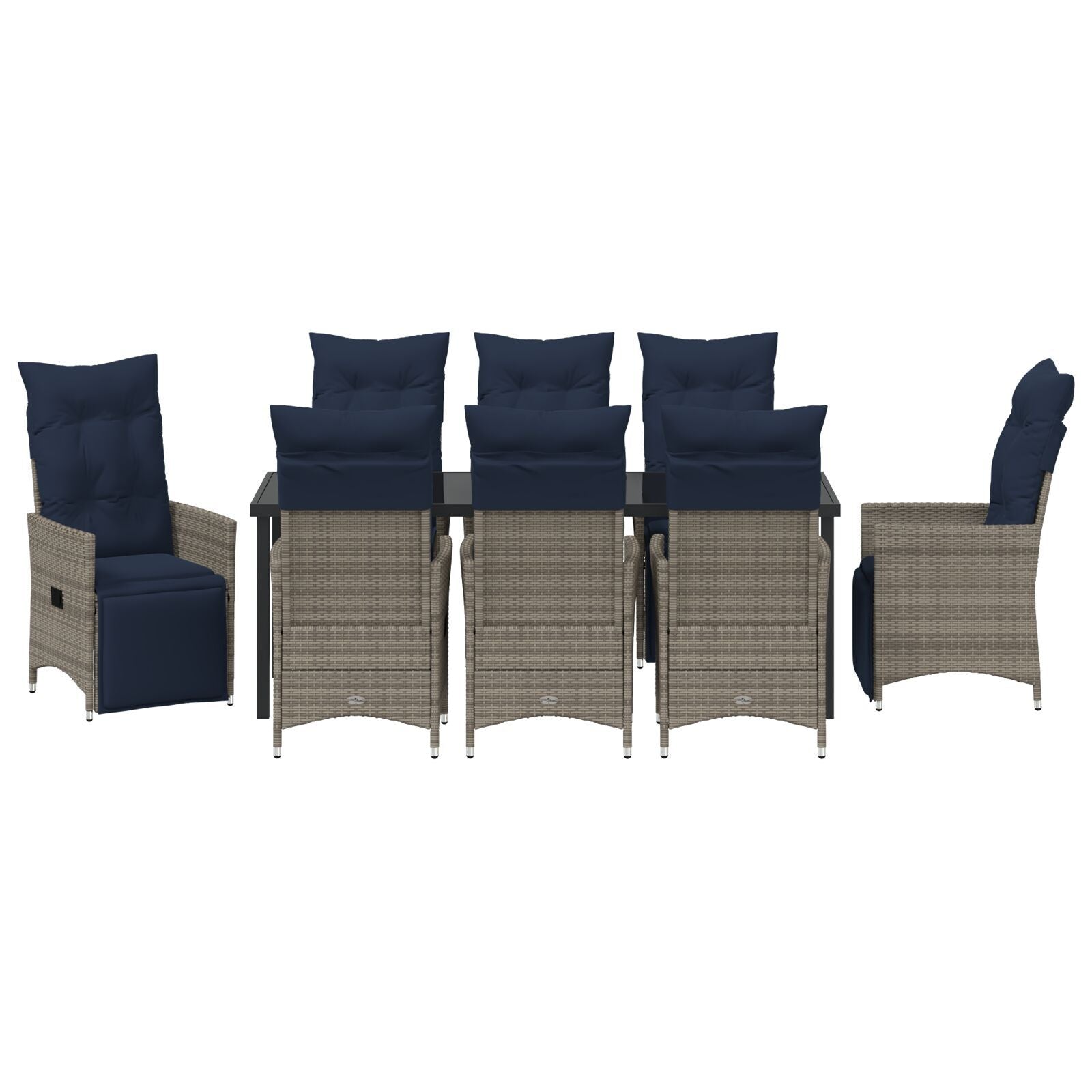 Conjunto de Jantar de Jardim HKH 9 Peças com Almofadas Rattan Poliéster Cinza, Mesa de Jardim HKH Preta 200x80x73 Cm Vidro Temperado - Azul-marinho