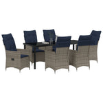 Conjunto de Jantar para Jardim HKH de 7 Peças com Almofadas de Rattan Poliéster Cinza, Mesa de Jardim HKH Preta 200x80x73 Cm com Vidro Temperado - Bege