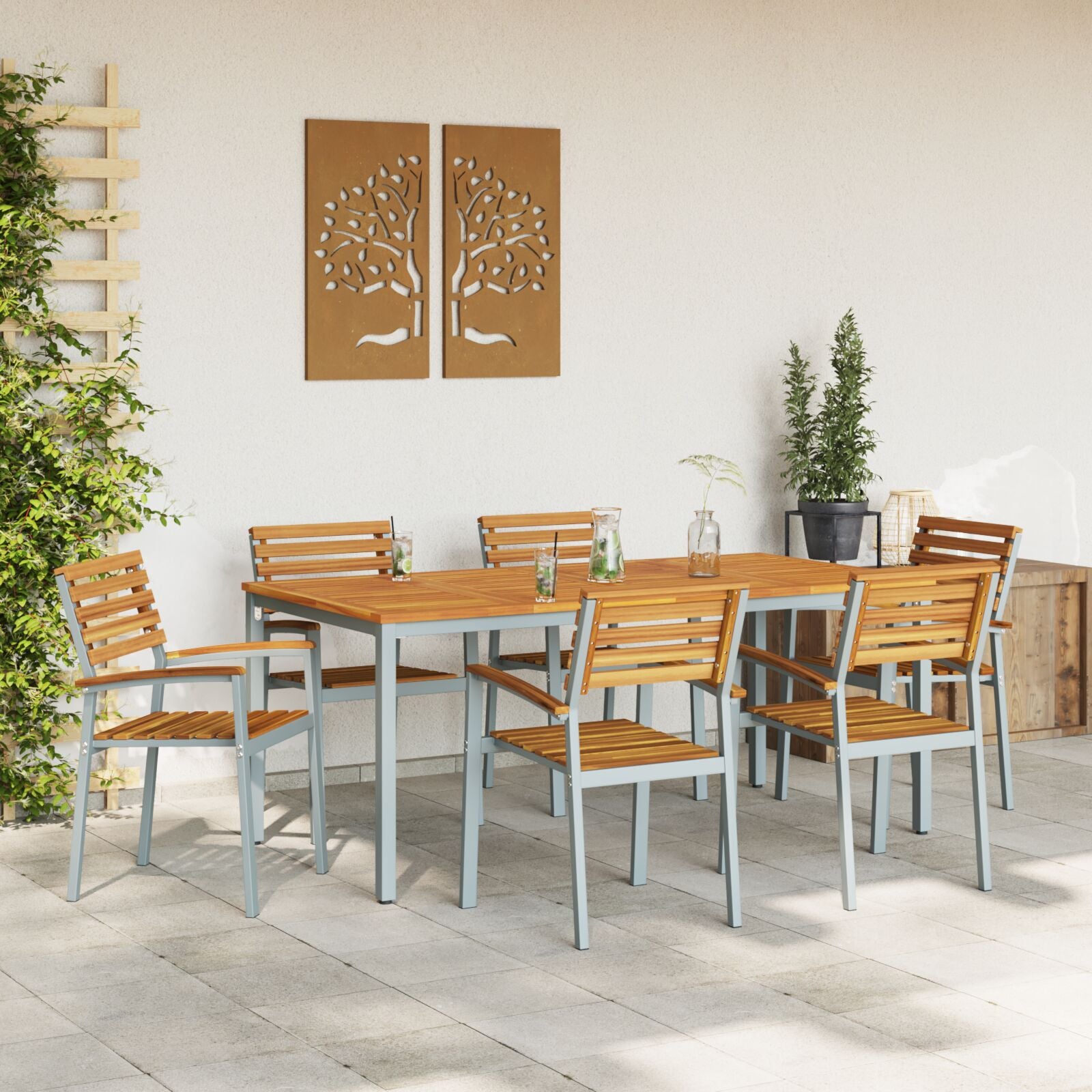 HKH Juego de Comedor de Jardín de 7 Piezas de Madera Maciza de Acacia y Metal - Gris