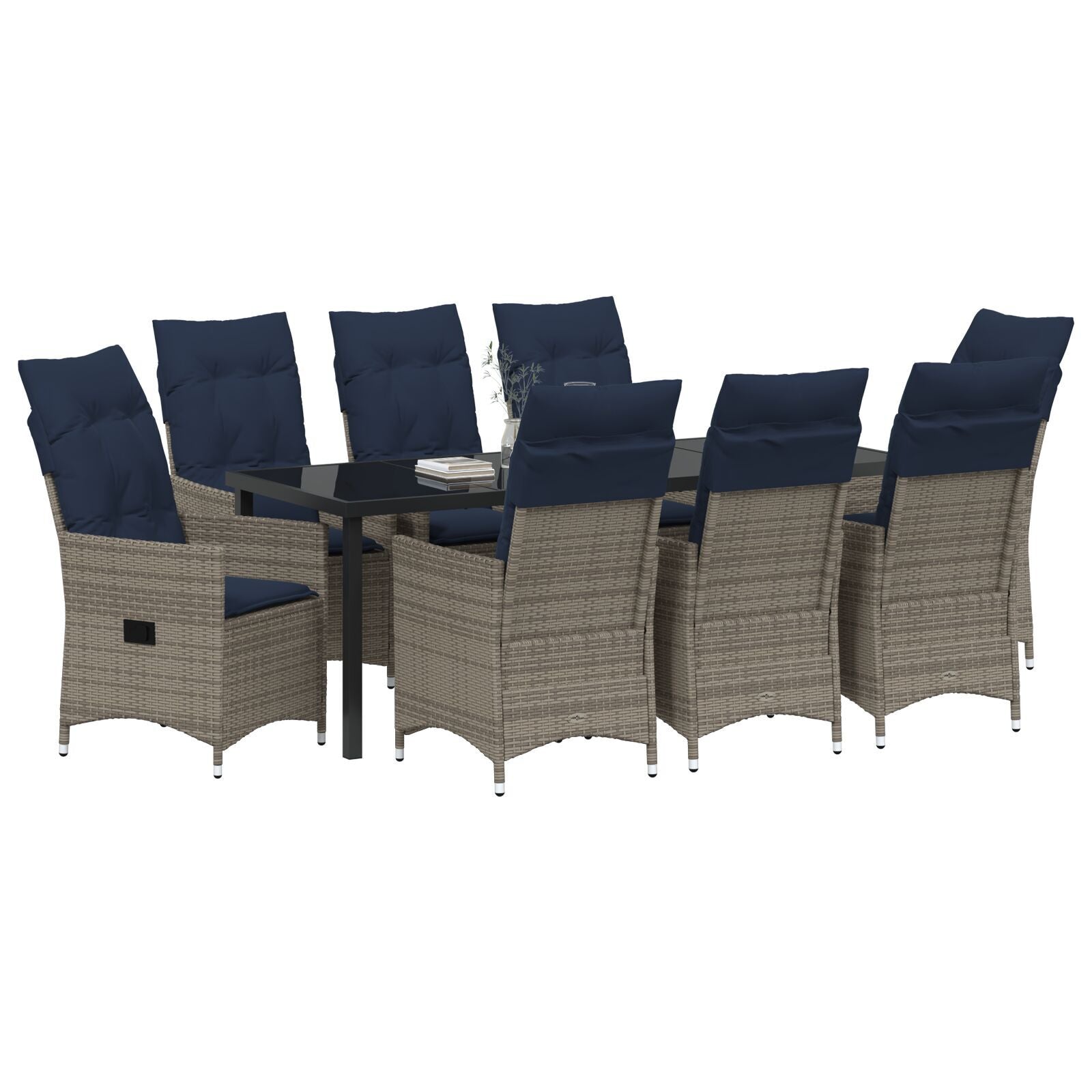 Conjunto de Jantar HKH com 9 Peças e Almofadas Vime Cinza, Mesa de Jardim HKH Preta 200x80x73 Cm Vidro Temperado - Castanho