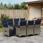 Conjunto de Jantar de Jardim HKH 9 Peças com Almofadas Rattan Poliéster Cinza, Mesa de Jardim HKH Preta 200x80x73 Cm Vidro Temperado - Azul-marinho