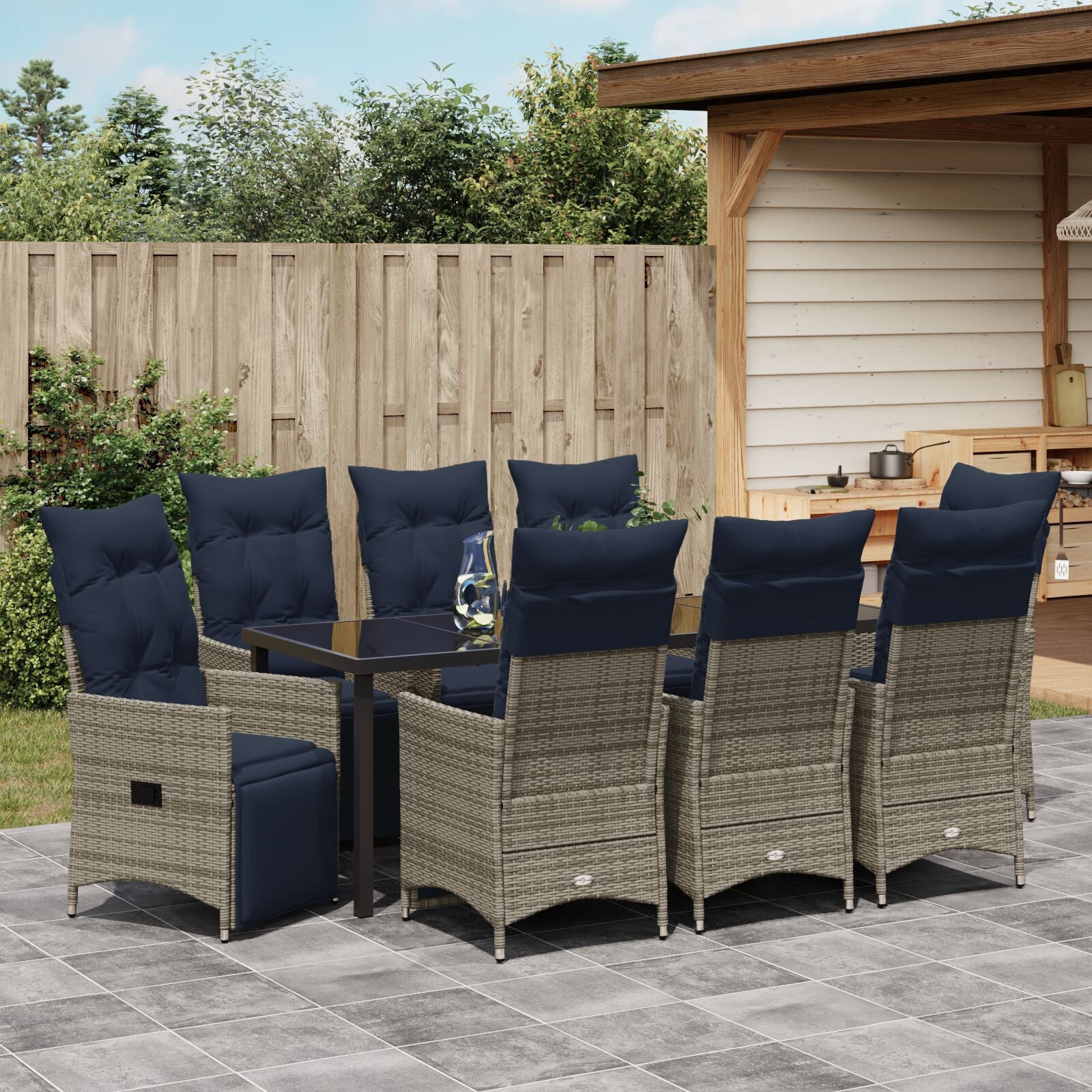 Conjunto de Jantar de Jardim HKH 9 Peças com Almofadas Rattan Poliéster Cinza, Mesa de Jardim HKH Preta 200x80x73 Cm Vidro Temperado - Azul-marinho