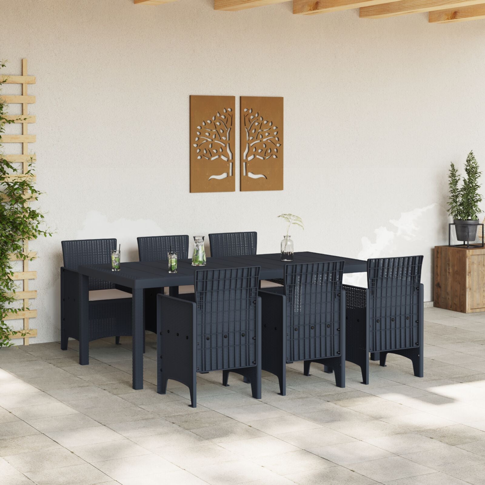 HKH Conjunto de Jantar de 7 Peças com Almofadas Antracita Polirattan - Preto