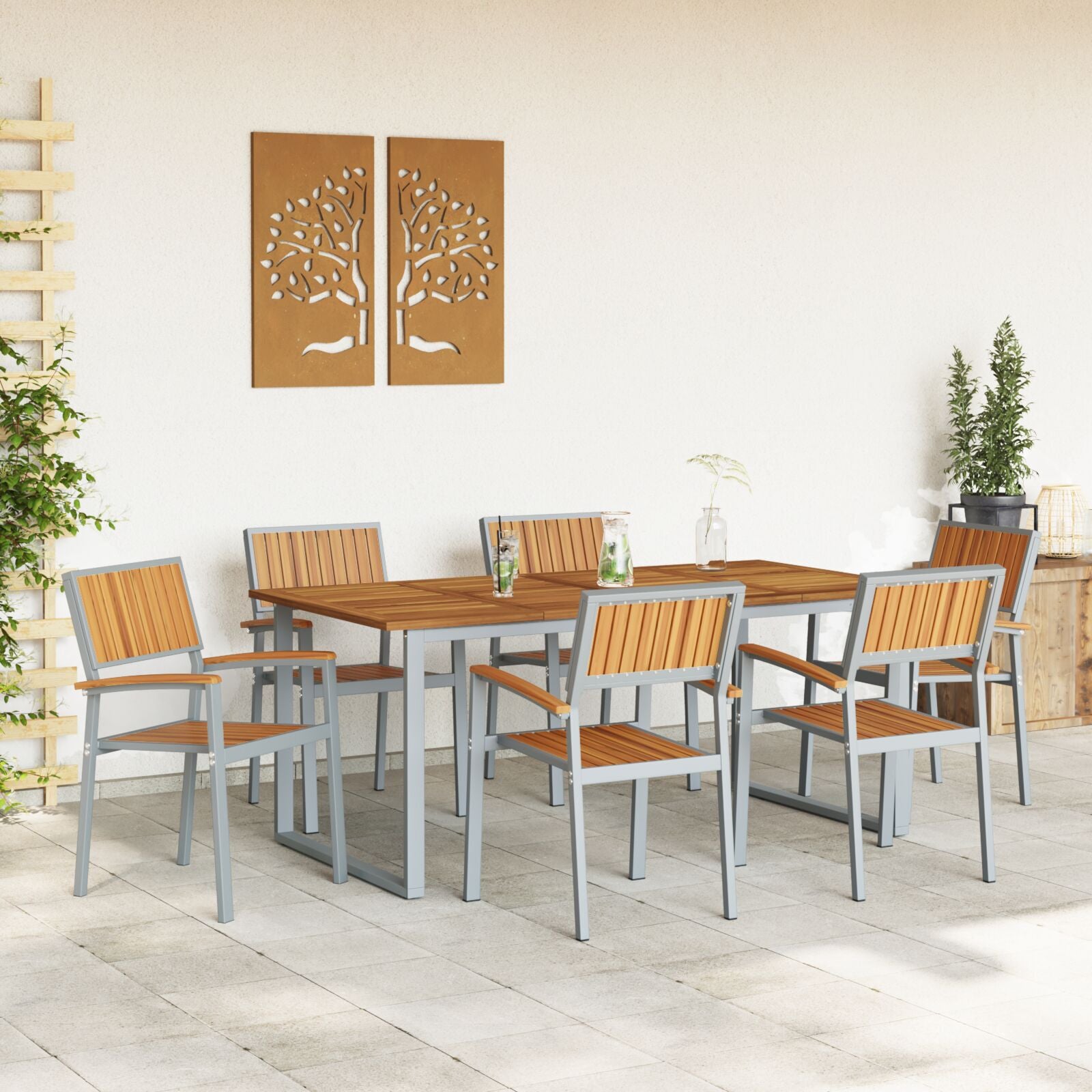 HKH Conjunto de Comedor de Jardín de 7 Piezas Gris de Acero y Madera Maciza de Acacia - Gris