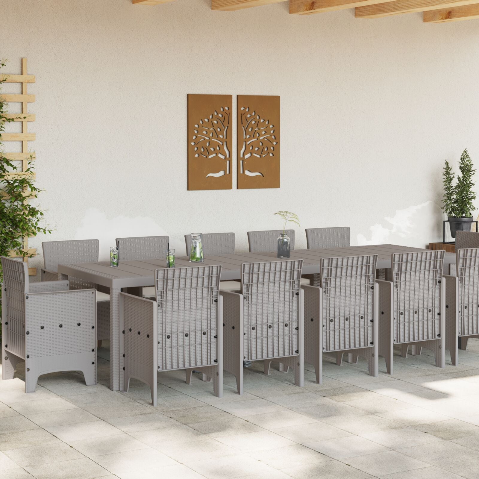 Conjunto de Jantar HKH de 13 Peças com Almofadas Cinza Claro Rattan Poli, Mesa de Jardim HKH Cinza Claro 150x100x73 Cm Rattan Poli, Cadeiras de Jardim HKH com Almofadas 4 Pcs Cinza Claro Rattan Poli - Cinzento-claro