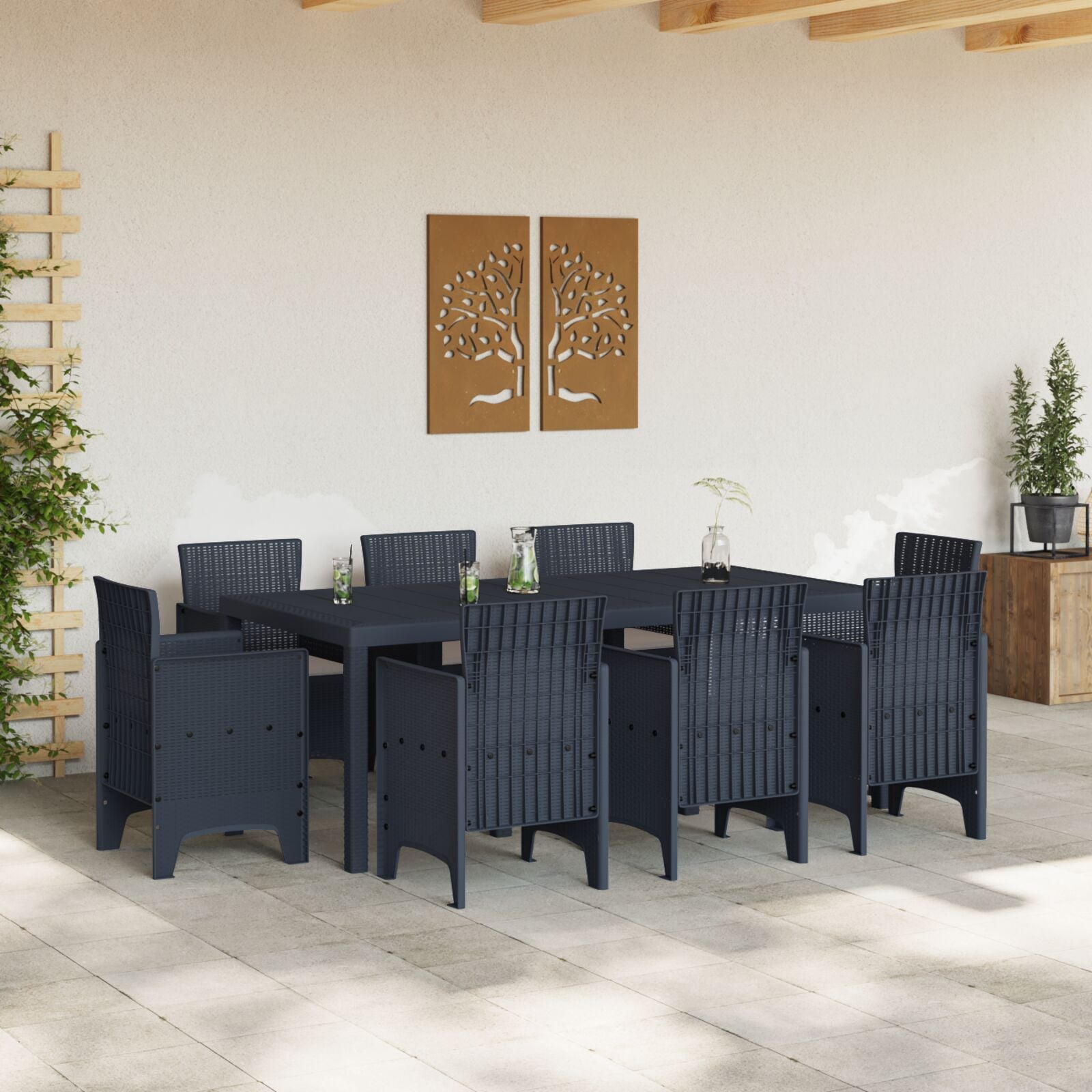 HKH Conjunto de Jantar de Jardim de 9 Peças com Almofadas Antracite Vime Plástico - Carvão
