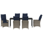 Conjunto de Jantar para Jardim HKH de 7 Peças com Almofadas de Rattan Poliéster Cinza, Mesa de Jardim HKH Preta 200x80x73 Cm com Vidro Temperado - Bege
