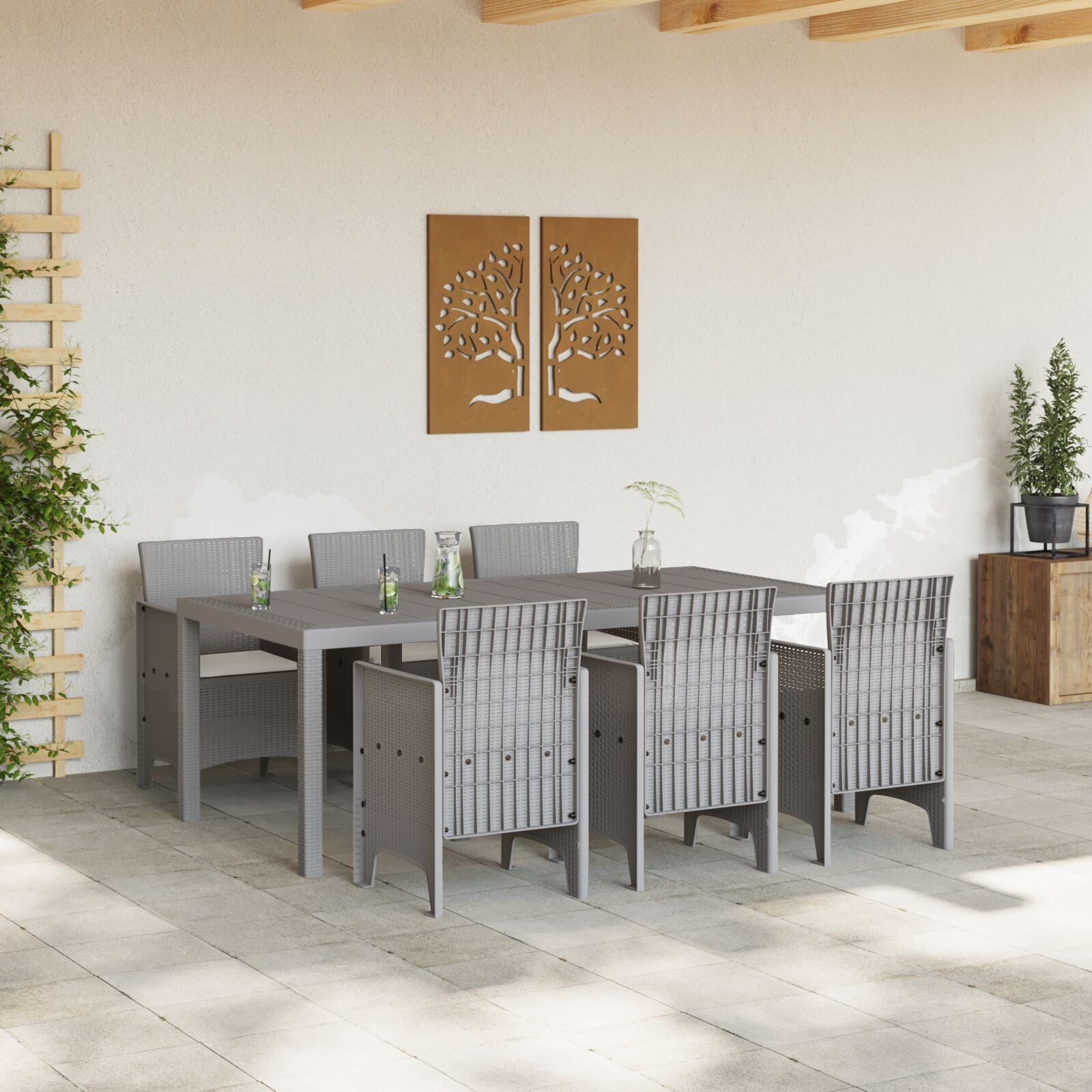HKH Conjunto de Jantar de Jardim 7 Peças com Almofadas Cinza Claro Rattan Poliéster - Cinzento