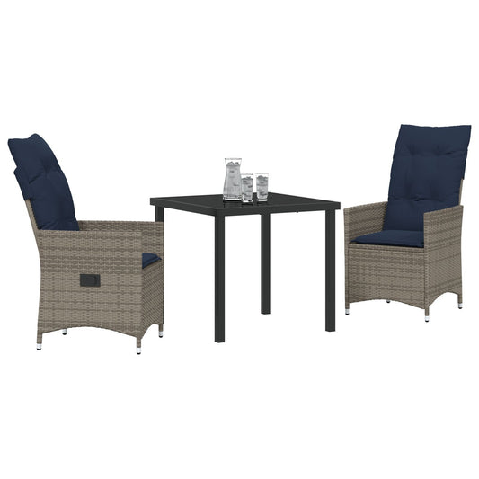 Conjunto de Jantar HKH 3 Peças com Almofadas de Vime Poliéster Cinza, Mesa de Jardim HKH Preta 80x80x73 Cm com Vidro Temperado - Preto