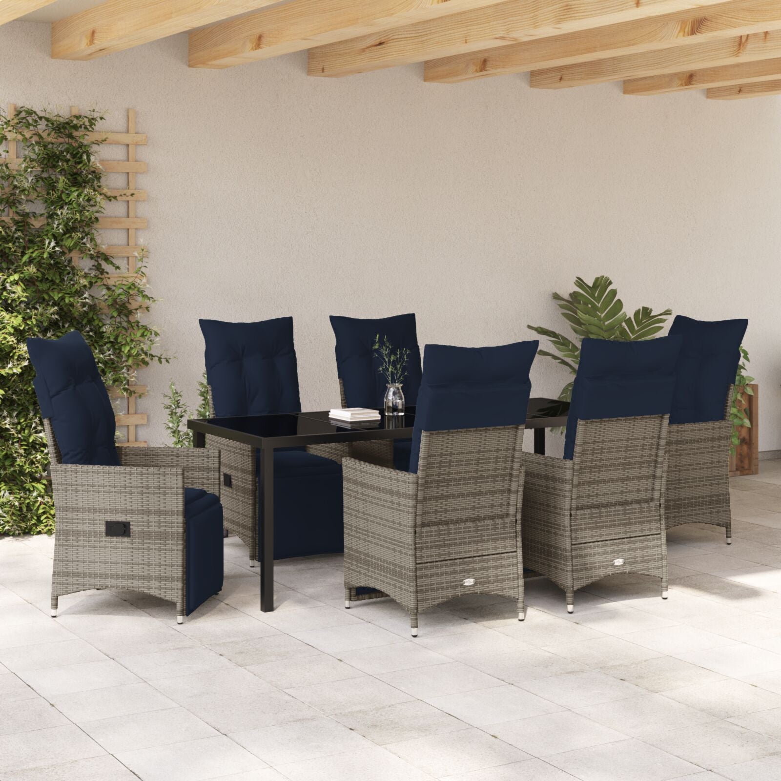 Conjunto Jantar Jardim 7 Peças Almofadas Rattan Poliéster Cinza Hkh, Mesa Jardim Preta 200x80x73 Cm com Vidro Temperado HKH - Bege