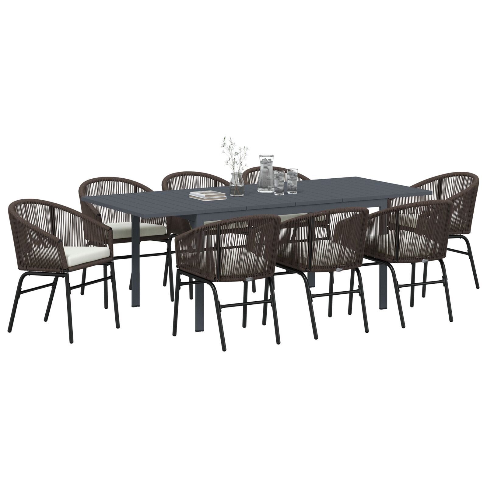 Conjunto de Jantar para Jardim HKH com Almofadas de 10 Peças Rattan de Polipropileno, Mesa de Jardim Extensível HKH Antracite (140-210)x90x73 Cm Aço - Castanho