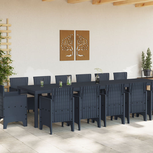 Conjunto de Jantar para Jardim 13 Peças com Almofadas Vime Poliéster, Mesa de Jardim 200x100x73 Cm Vime Poliéster, Mesa de Jardim 150x100x73 Cm Vime Poliéster, Cadeiras de Jardim com Almofadas 4 Pcs Vime Poliéster - Antracite