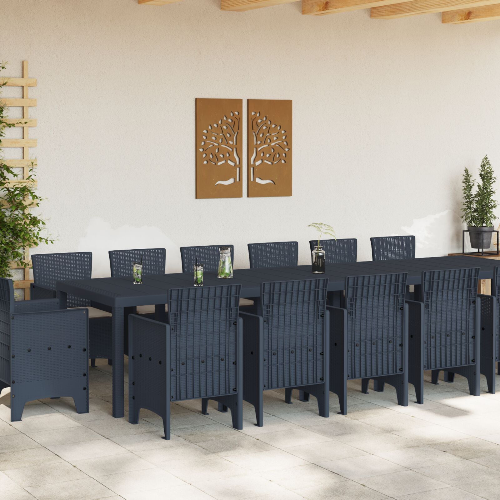 Conjunto de Jantar para Jardim de 13 Peças com Almofadas Rattan Polirattan, Mesa de Jardim HKH Branca 200x100x73 Cm Polirattan, Mesa de Jardim HKH Branca 150x100x73 Cm Polirattan, Cadeiras de Jardim HKH com Almofadas 4 Pcs Rattan Polirattan - Branco