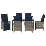 Conjunto de Jantar HKH de 7 Peças com Almofadas em Rattan Cinza, Mesa de Jardim HKH Preta 160x80x73 Cm com Vidro Temperado - Azul