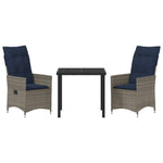 Conjunto de Jantar HKH 3 Peças com Almofadas de Vime Poliéster Cinza, Mesa de Jardim HKH Preta 80x80x73 Cm com Vidro Temperado - Preto