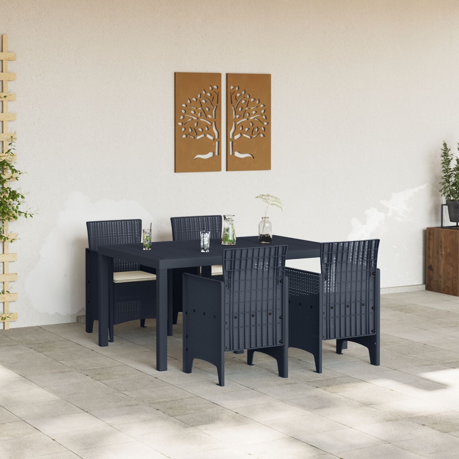 HKH Conjunto de Jantar de Jardim de 5 Peças com Almofadas Rattan Poliéster - Antracite