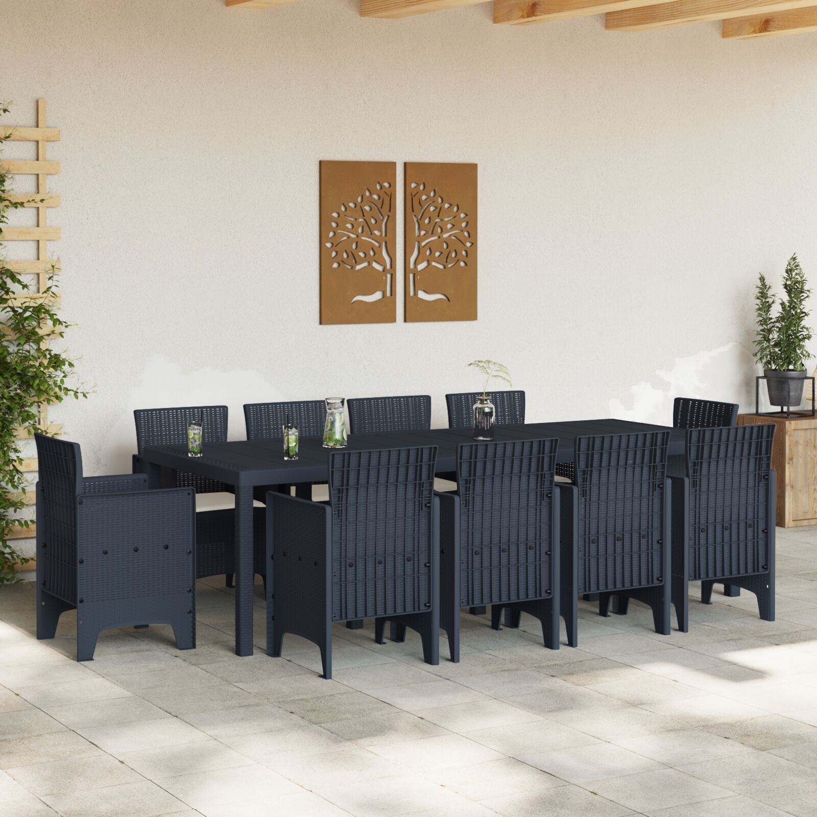HKH Conjunto de Jantar de Jardim com 11 Peças e Almofadas Antracite Polirattan - Preto