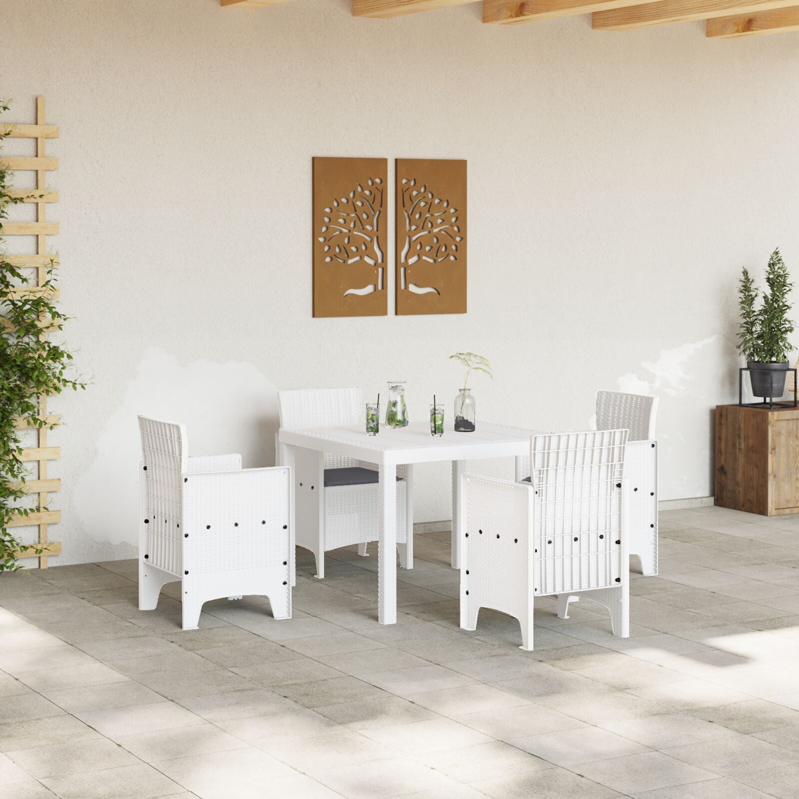 HKH Conjunto de Jantar de 5 Peças para Jardim com Almofadas Rattan Sintético - Branco
